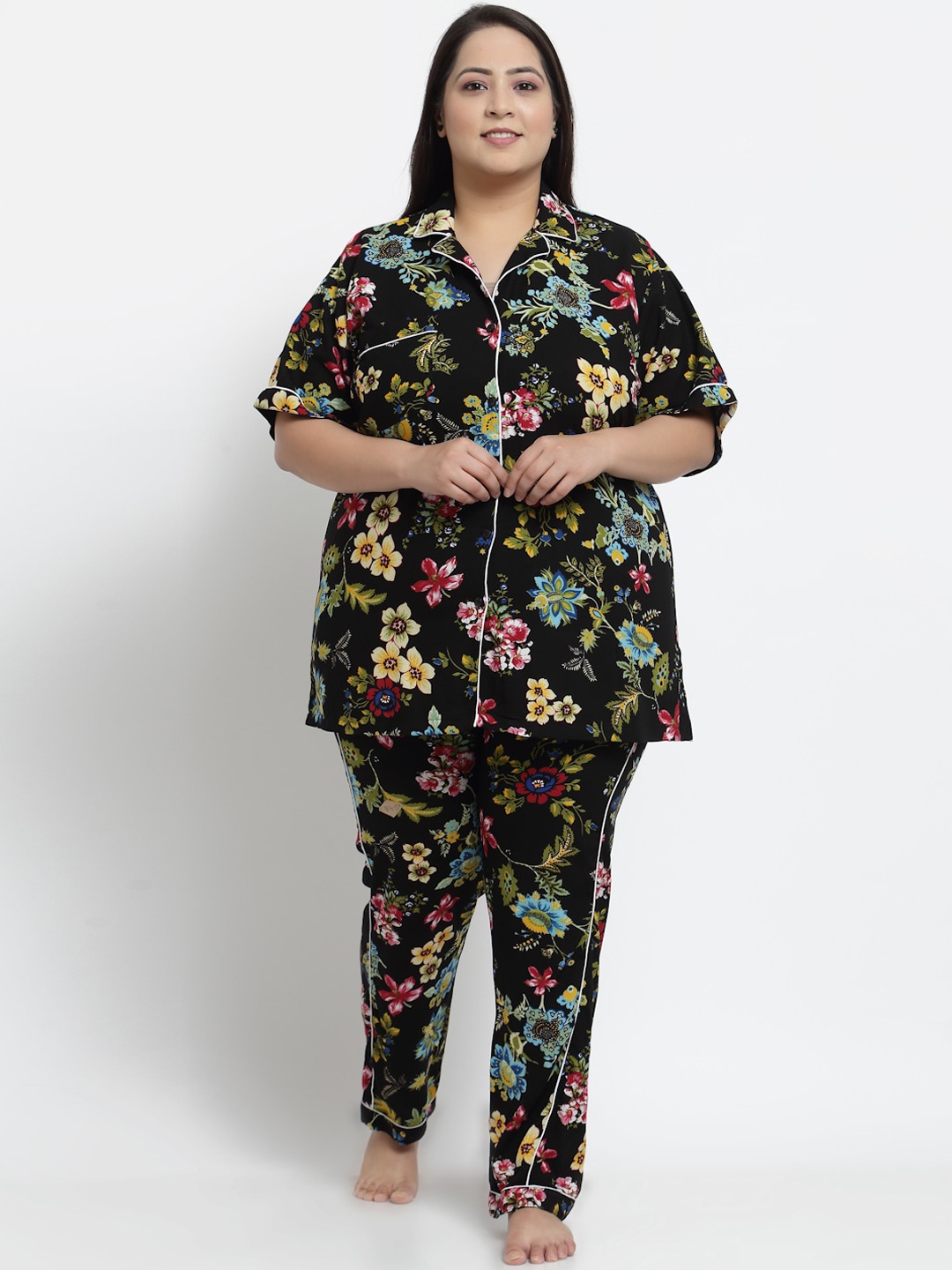 KLOTTHE Women Plus Size Cotton Black & Pink Printed Night suit