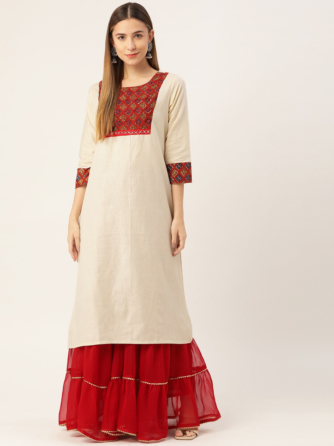 

INDYES Women Cream-Coloured & Maroon Floral Yoke Design Block Print Kurta