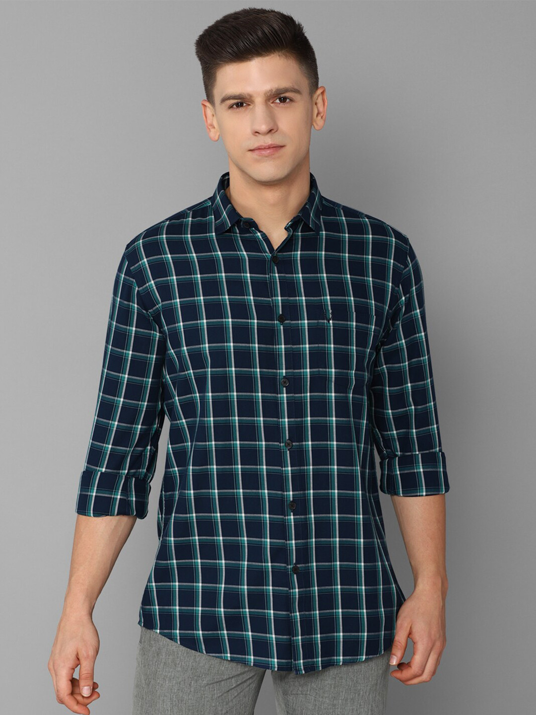 

Allen Solly Men Navy Blue Slim Fit Windowpane Checks Checked Casual Shirt