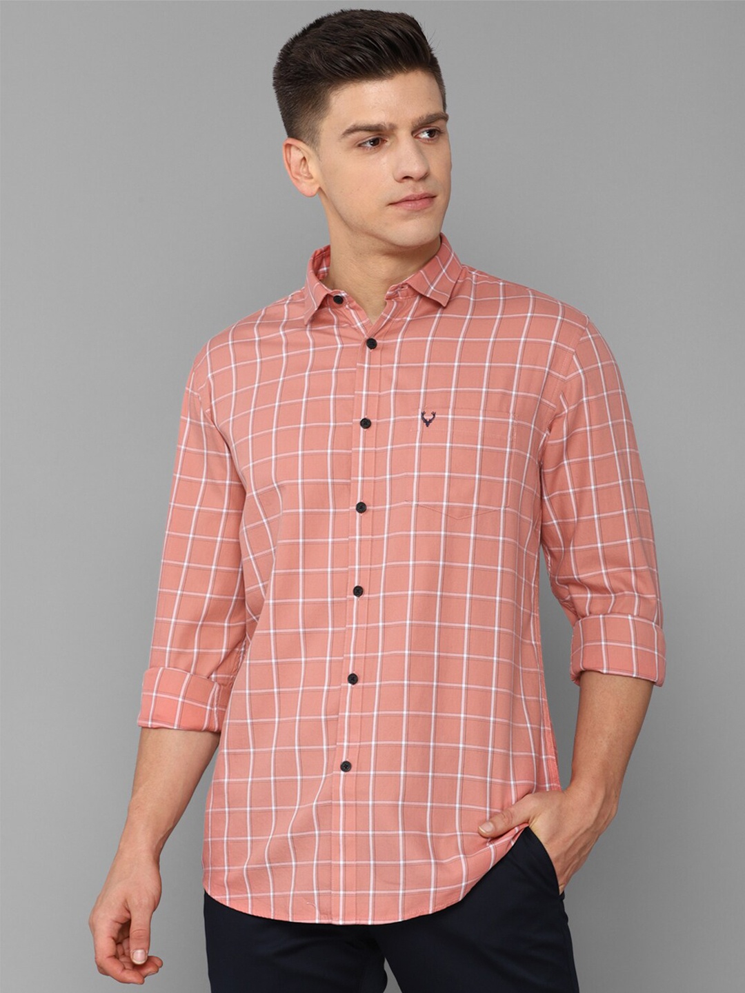 

Allen Solly Men Peach-Coloured Slim Fit Grid Tattersall Checks Checked Cotton Casual Shirt