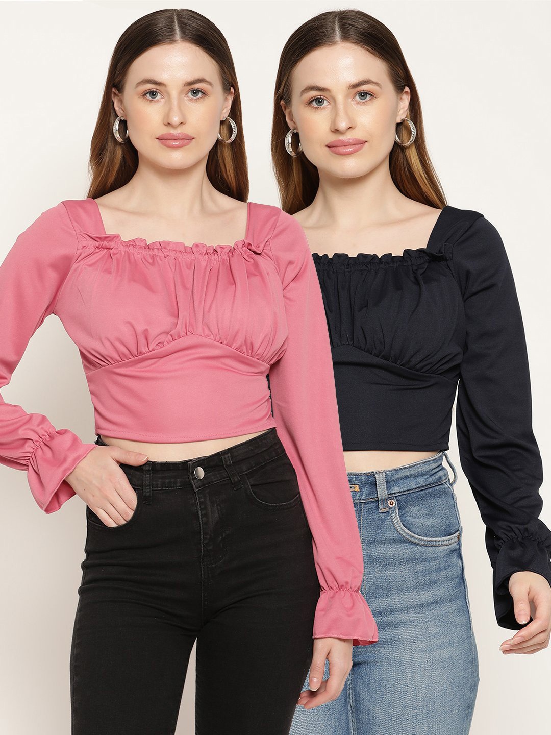 

Miaz Lifestyle Pack of 2 Square Neck Bell Sleeves Gathered Or Pleated Empire Crop Top, Pink