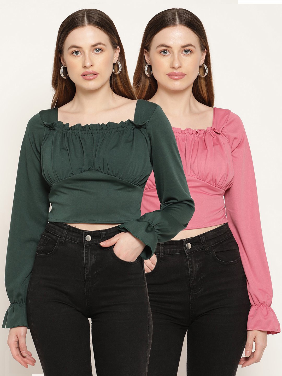 

Miaz Lifestyle Pack of 2 Bell Sleeves Crop Tops, Green