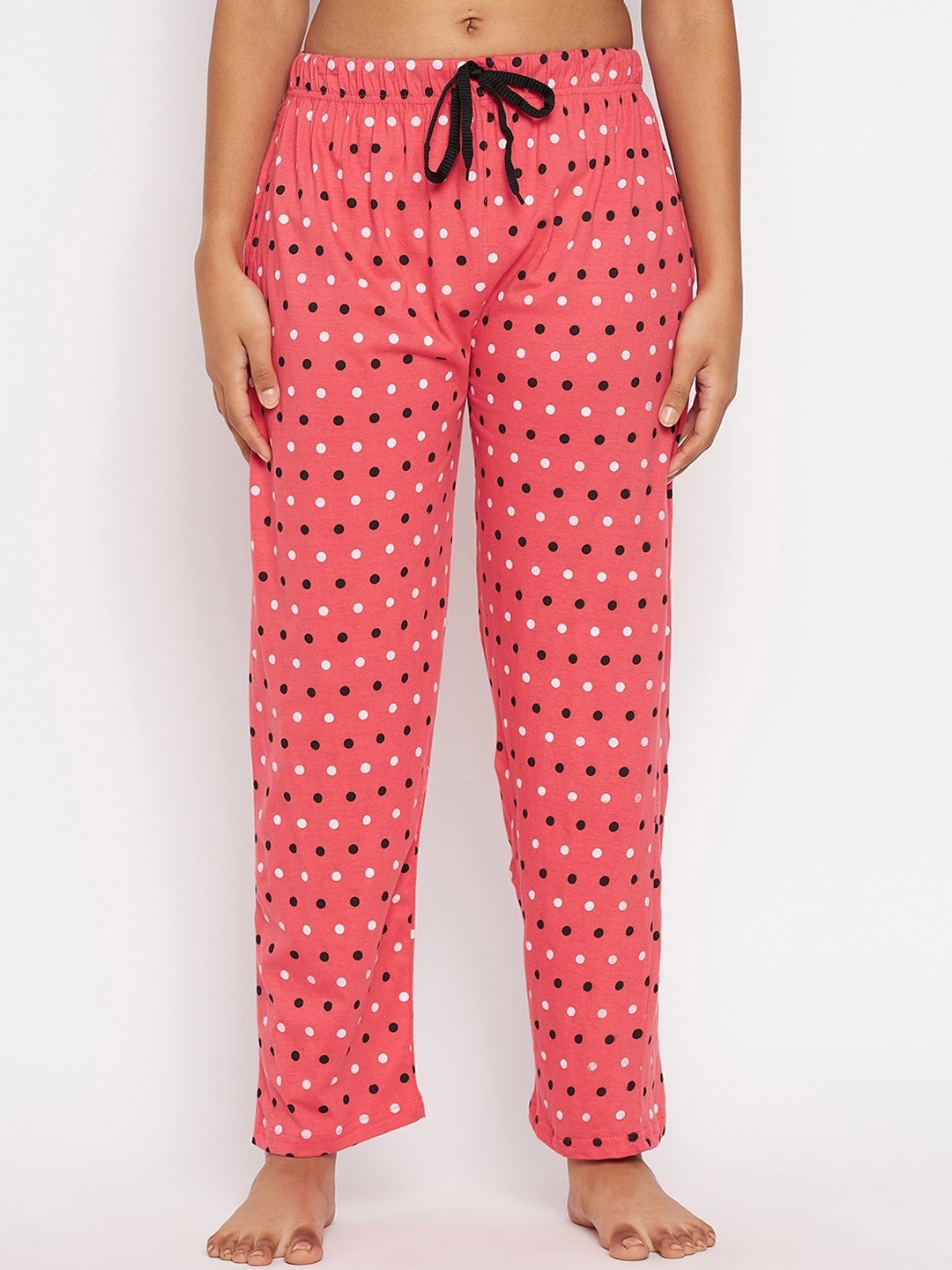 ALIZA Women Coral-Pink & Black Printed Cotton Relaxed-Fit Lounge Pant