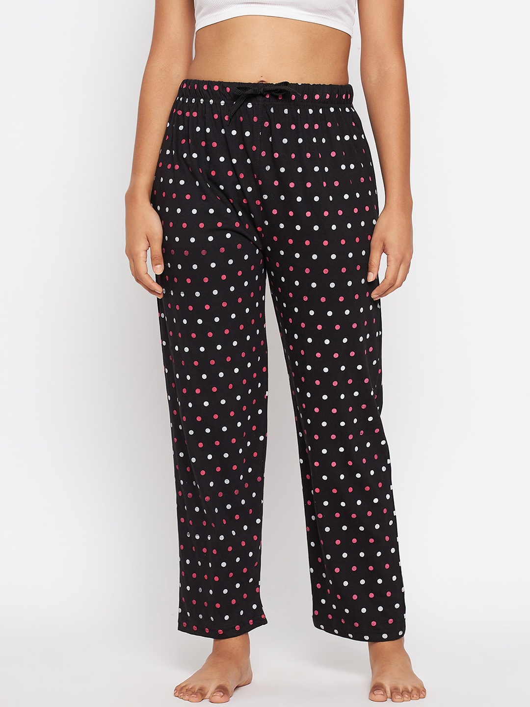 ALIZA Women Black Pink & White Polka Dots Printed Cotton Lounge Pants, Charcoal
