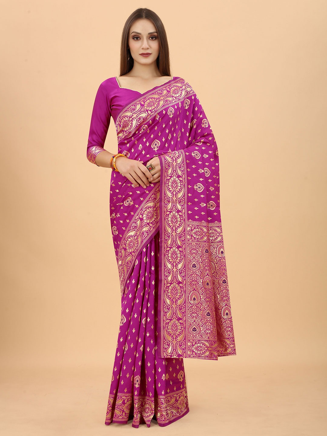 

WELL WORN Pink Woven Design Zari Silk Cotton Banarasi Saree