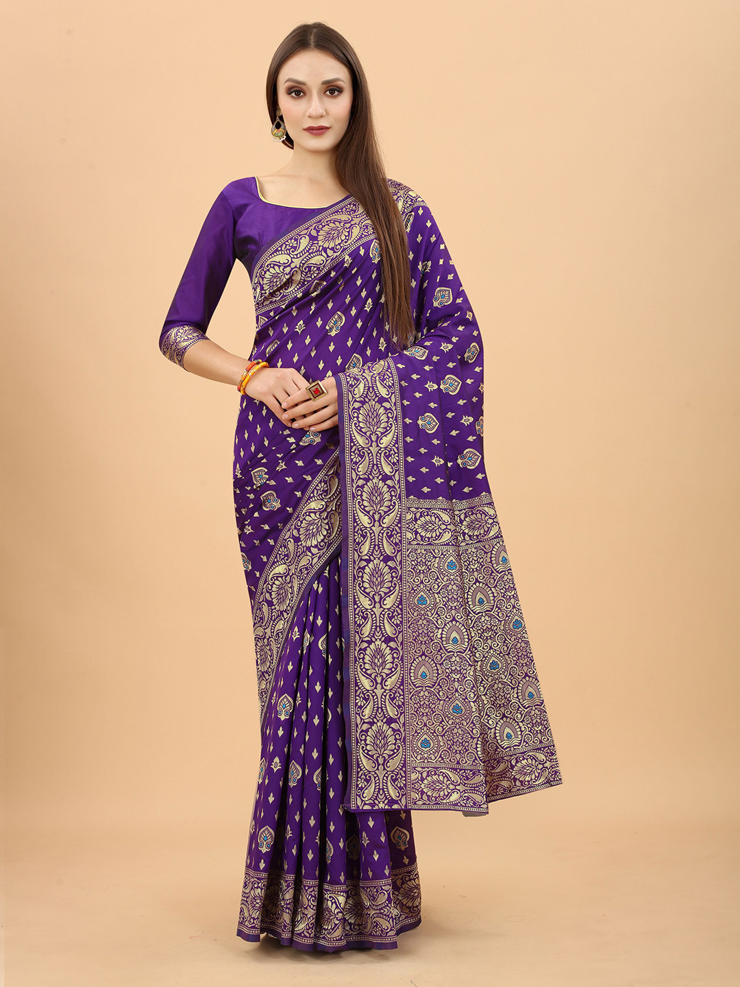 

WELL WORN Purple & Gold-Toned Ethnic Motifs Zari Silk Cotton Banarasi Saree