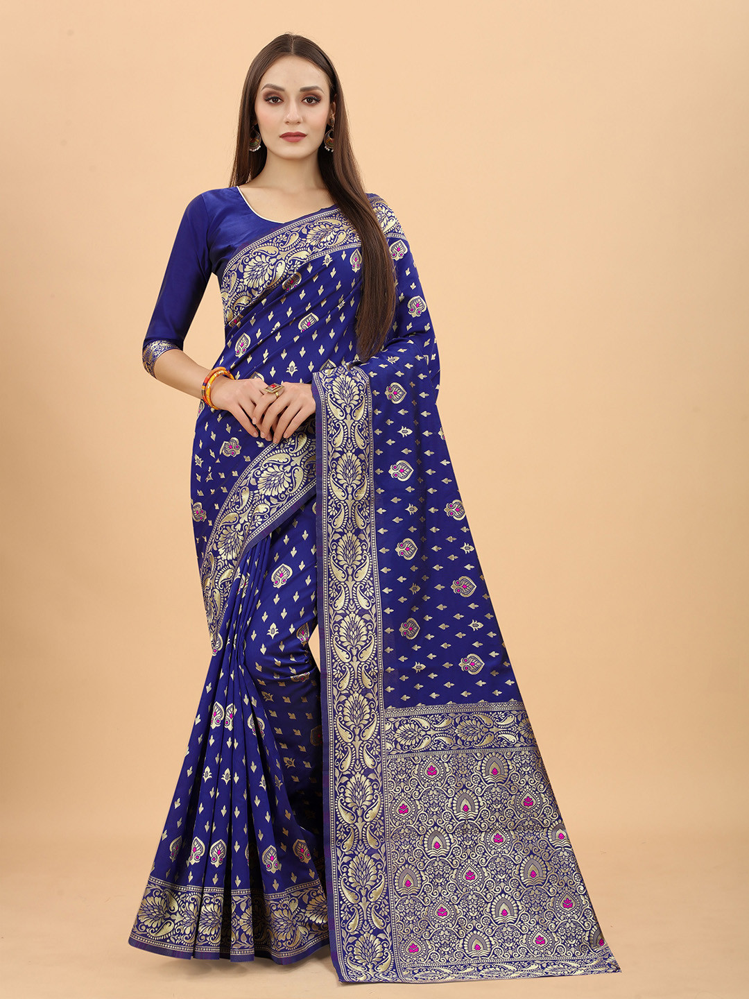

WELL WORN Blue & Gold-Toned Woven Design Zari Silk Cotton Banarasi Saree