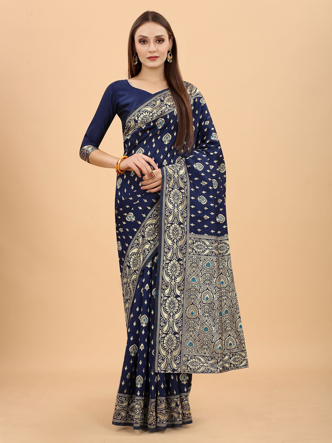 

WELL WORN Navy Blue & Gold-Toned Woven Design Zari Silk Cotton Banarasi Saree