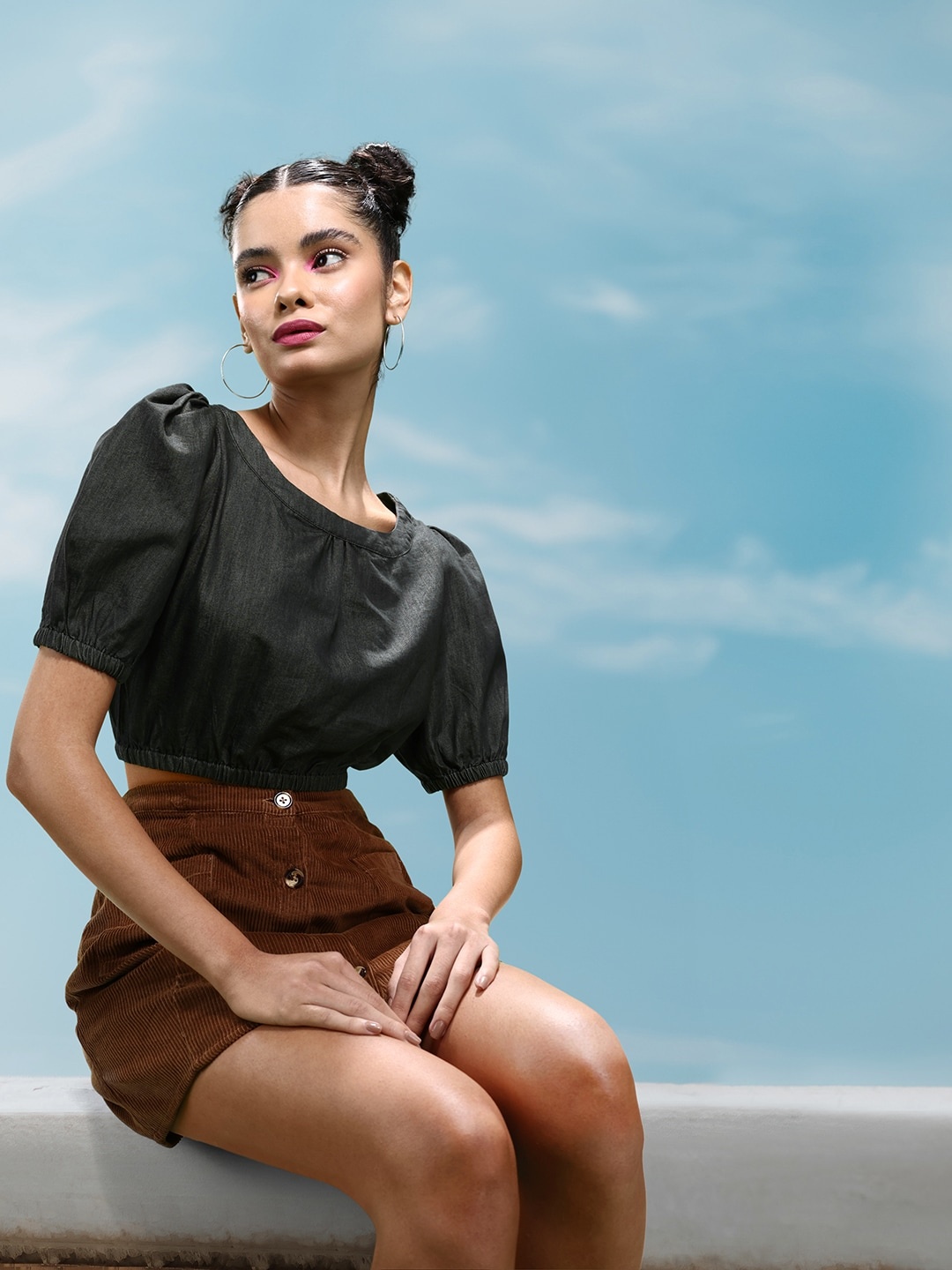 

DressBerry Puff Sleeves Chambray Blouson Crop Top, Black