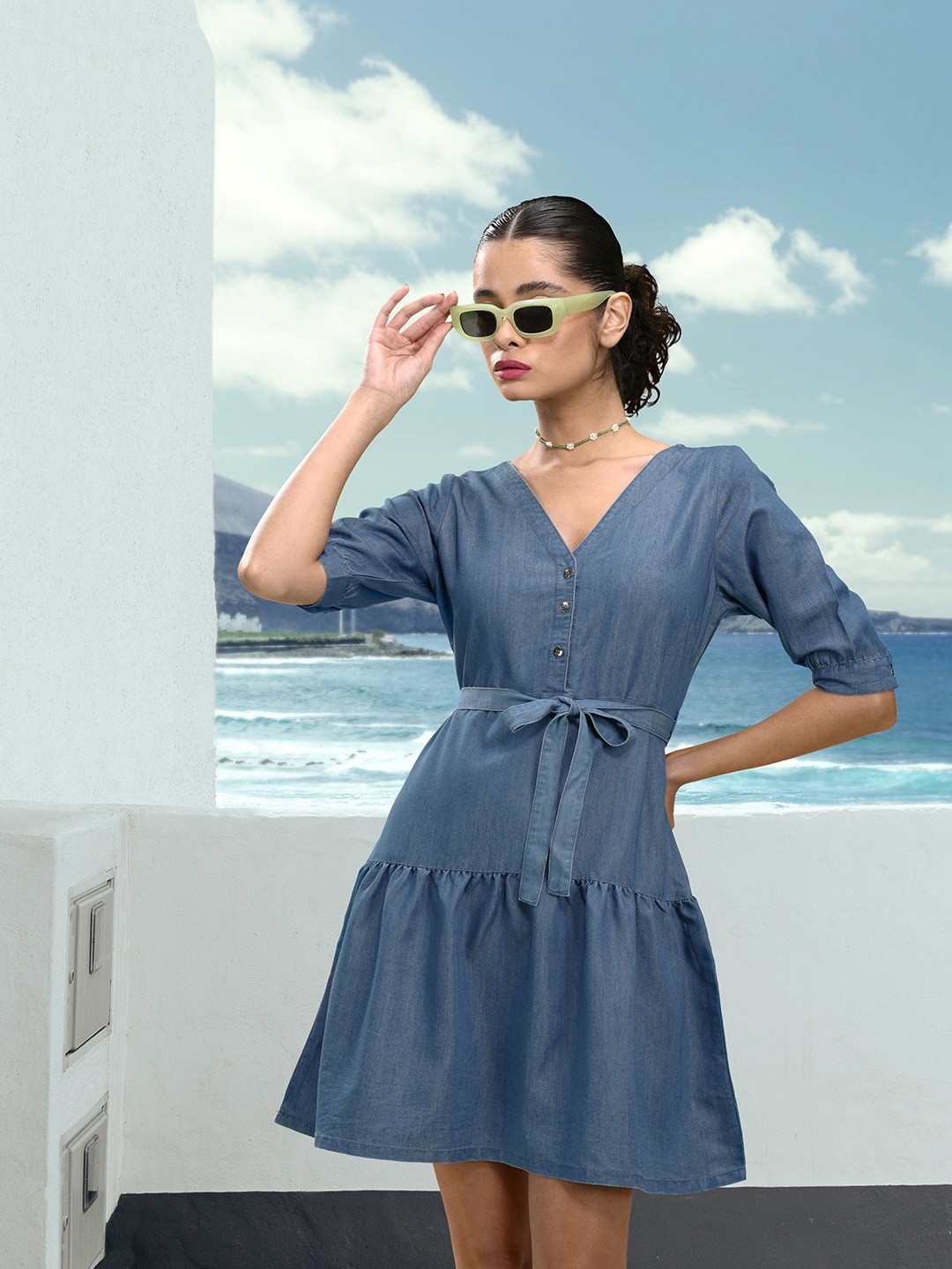 

DressBerry Chambray Finish Drop-Waist Dress, Navy blue