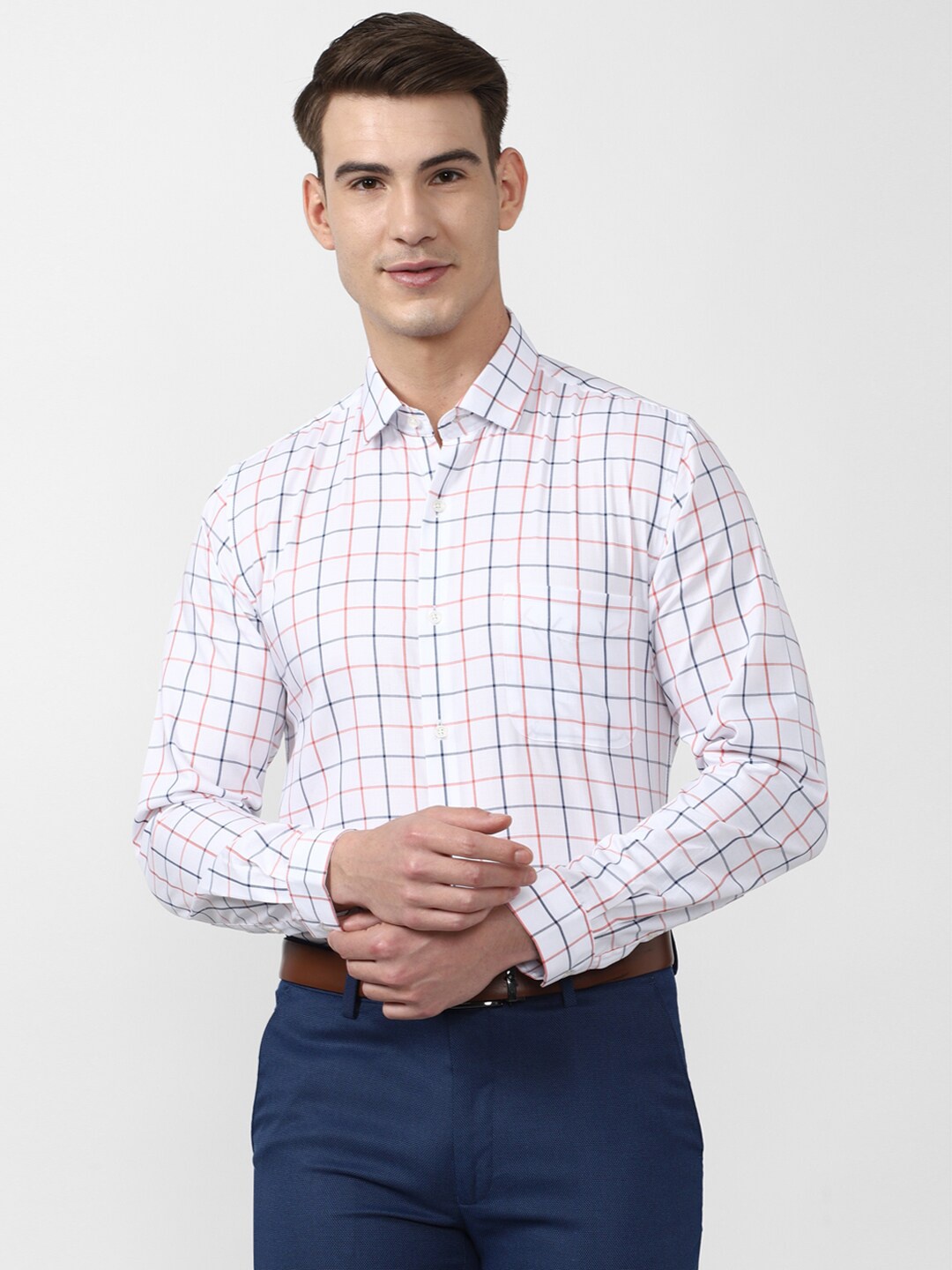 

Peter England Men White Slim Fit Grid Tattersall Checks Checked Formal Shirt