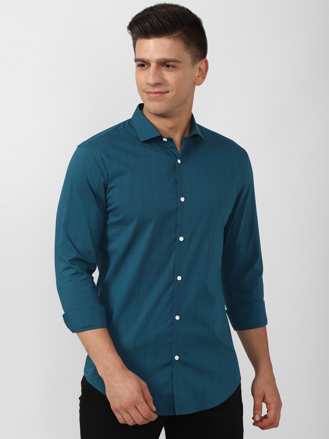 

Peter England Men Blue Windowpane Checked Cotton Slim Fit Casual Shirt