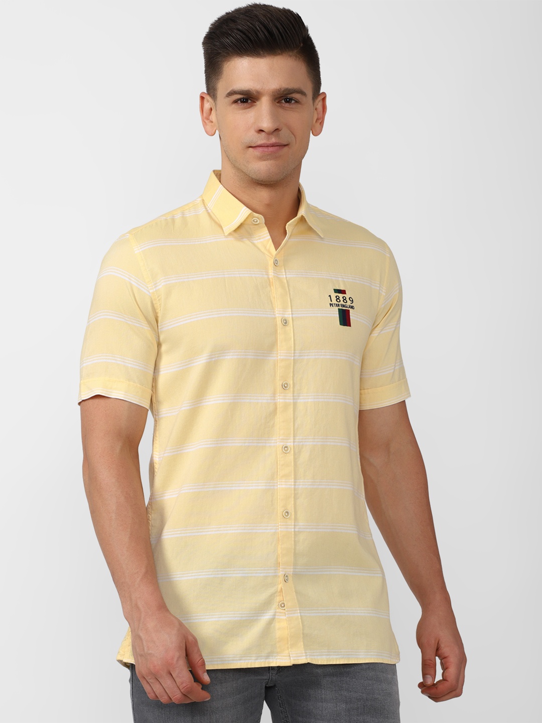 

Peter England Casuals Men Yellow Slim Fit Horizontal Stripes Striped Casual Shirt