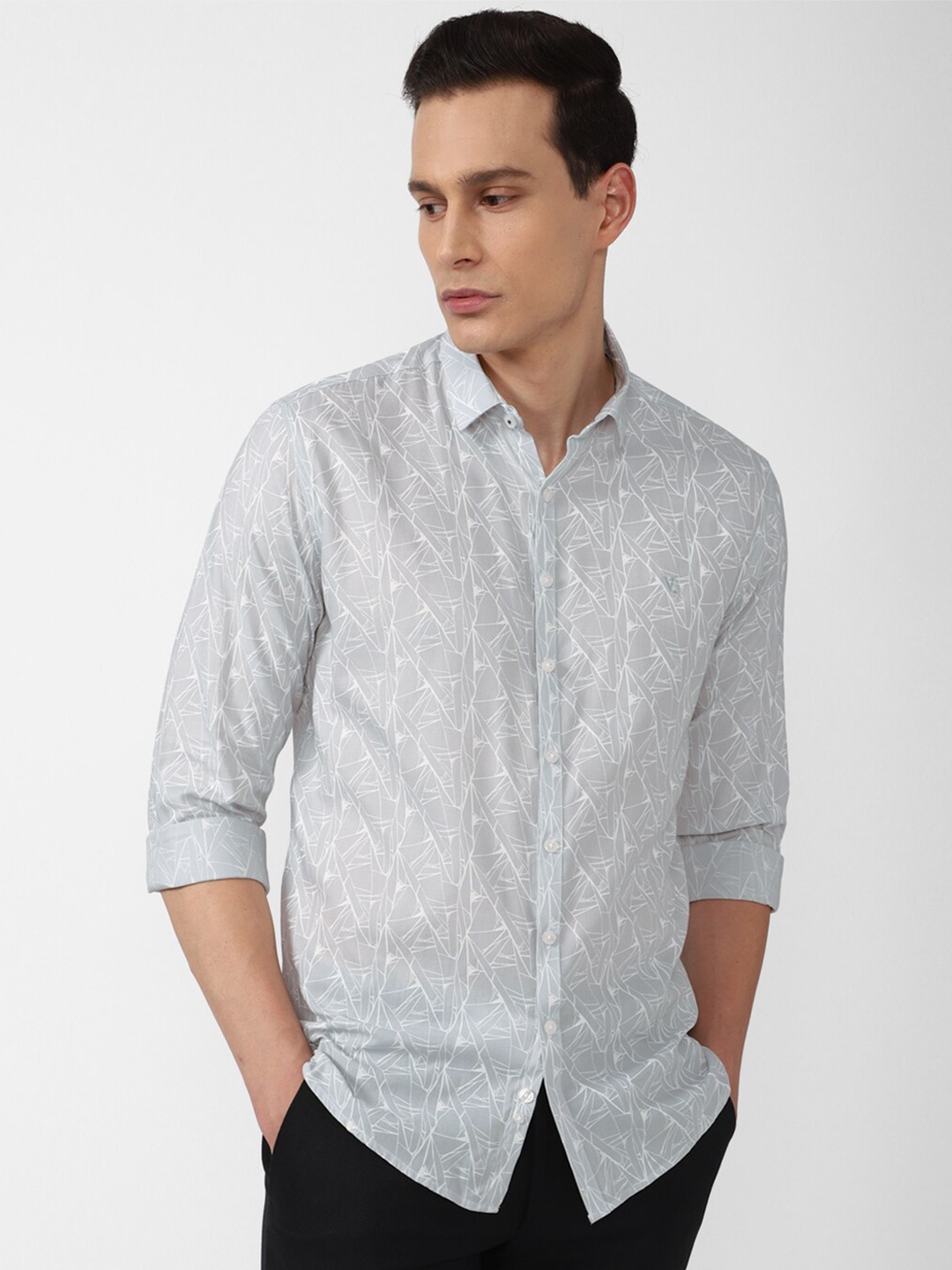 

V Dot Men Grey Slim Fit Printed Cotton Casual Shirt