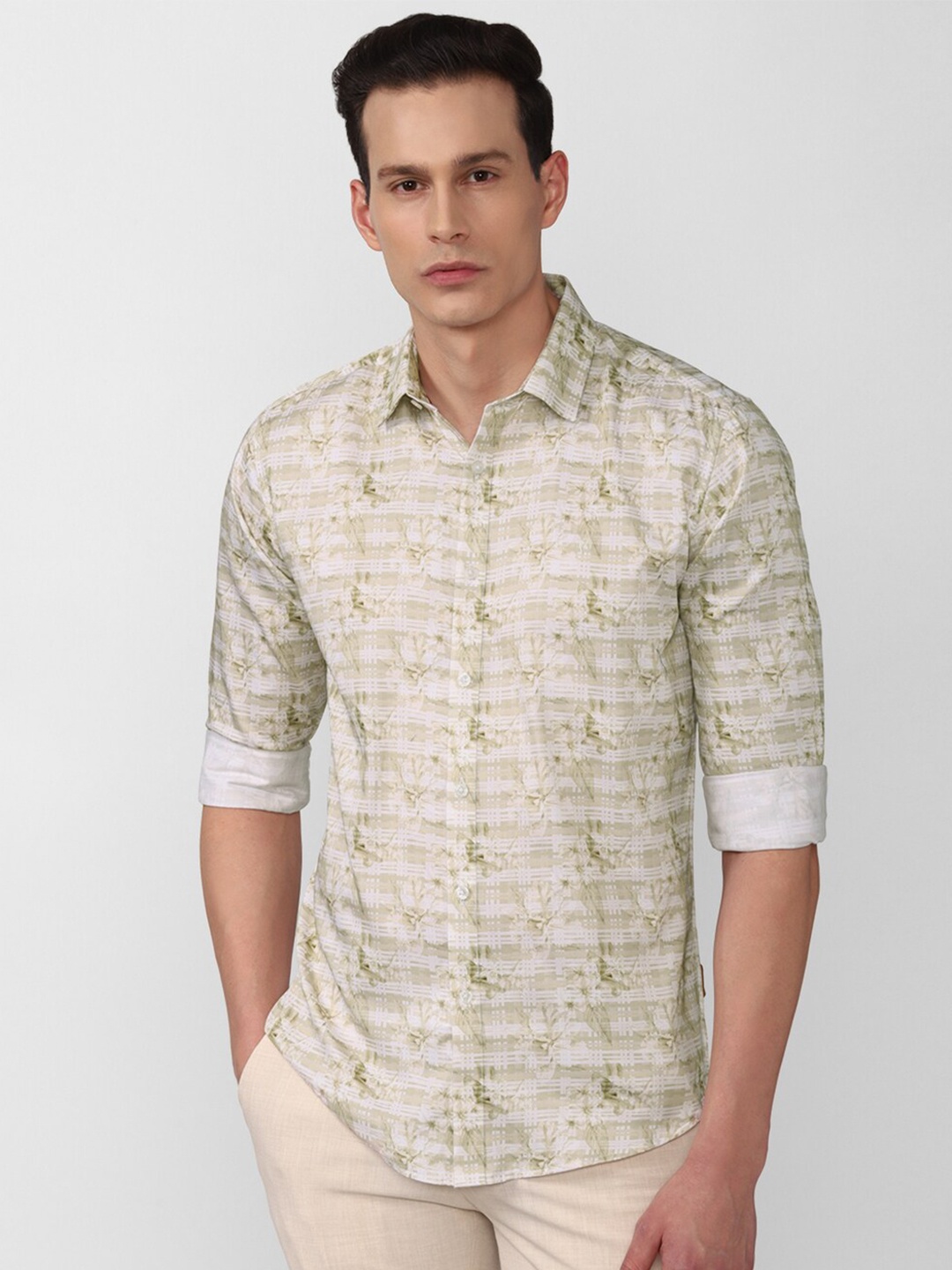 

V Dot Men Beige Slim Fit Printed Cotton Casual Shirt