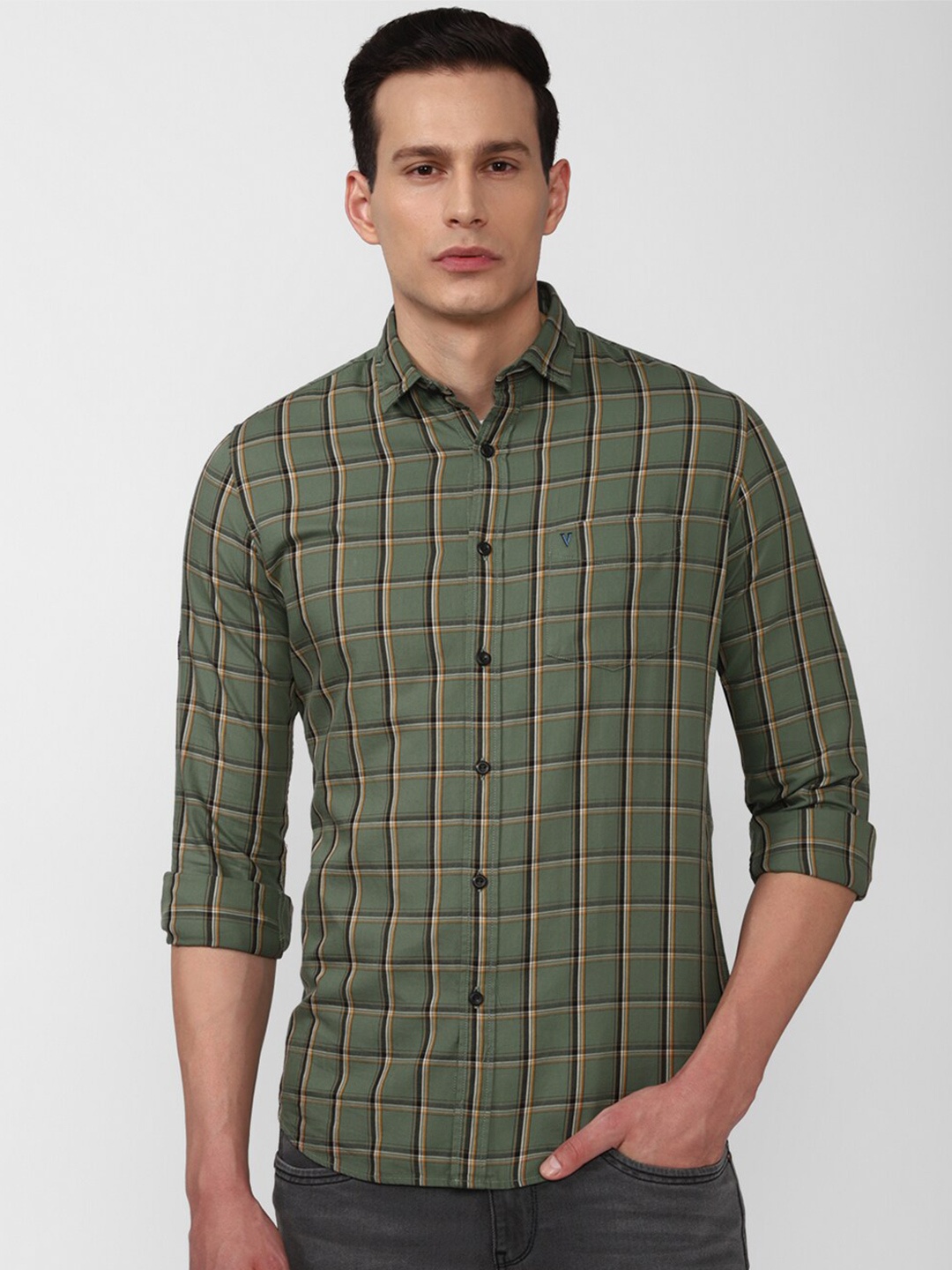

VAN HEUSEN DENIM LABS Men Olive Green Slim Fit Checked Casual Shirt