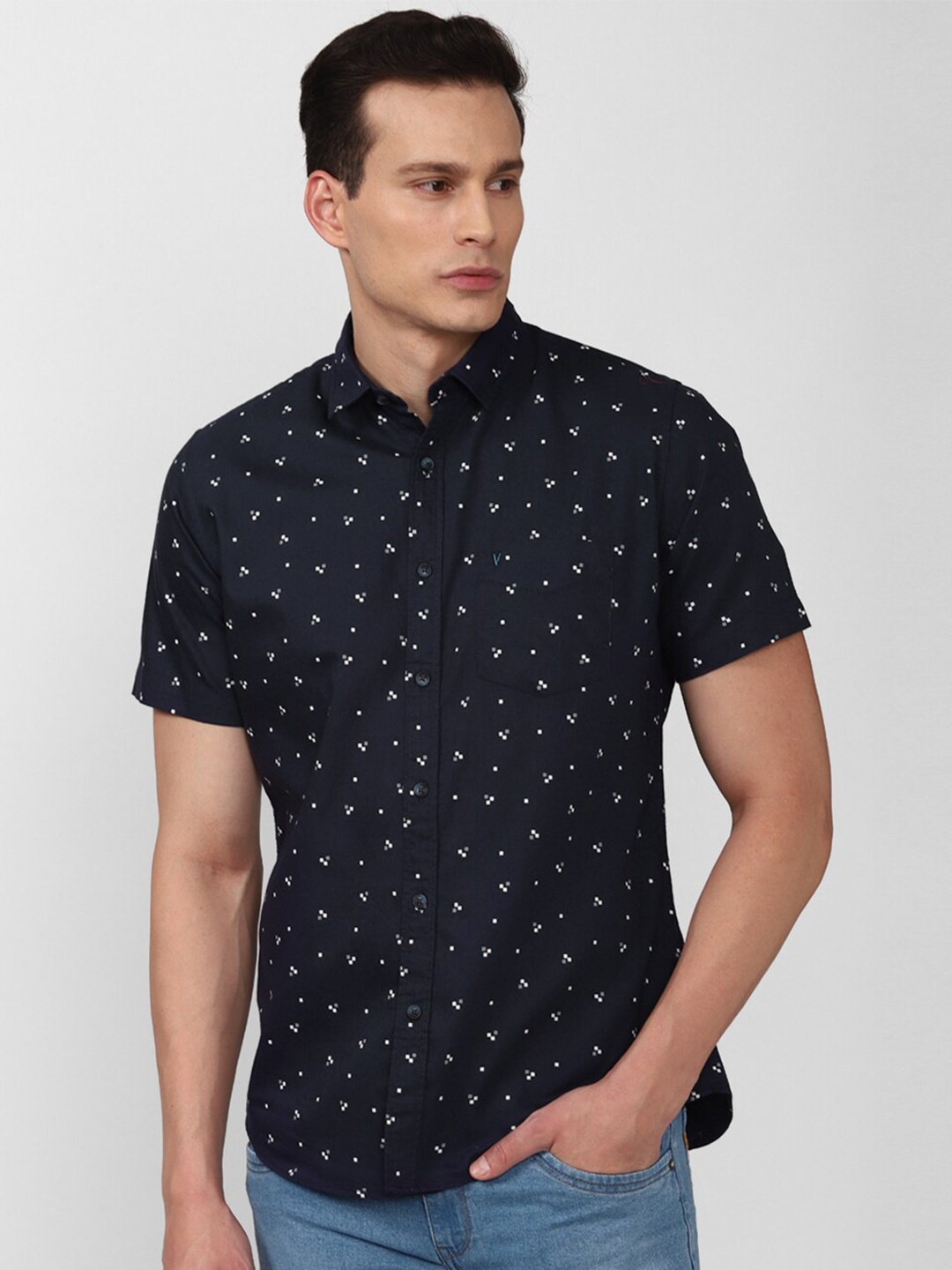 

VAN HEUSEN DENIM LABS Men Navy Blue Slim Fit Pure Cotton Printed Casual Shirt