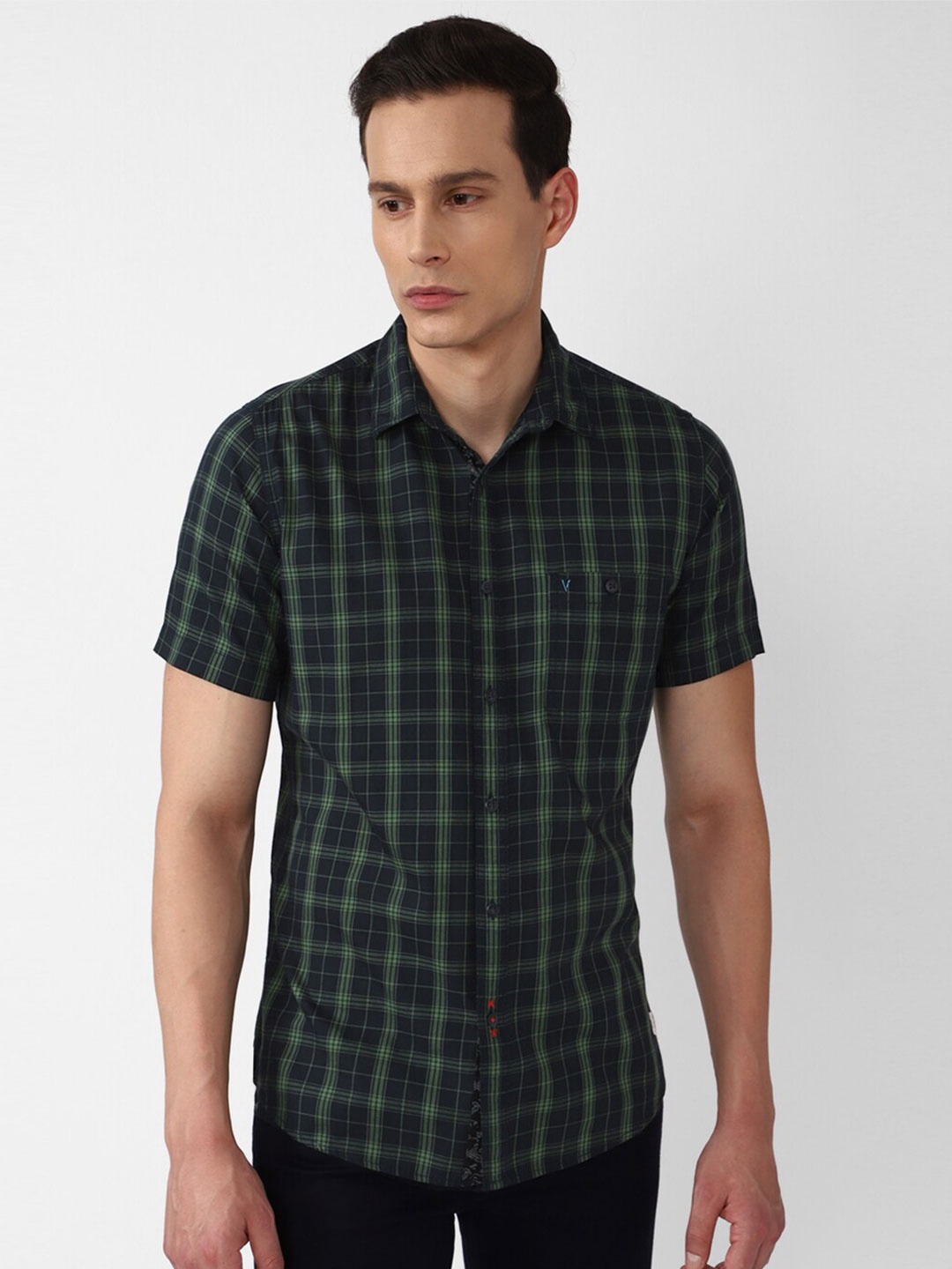 

VAN HEUSEN DENIM LABS Men Black Slim Fit Tartan Checks Short Sleeves Casual Shirt