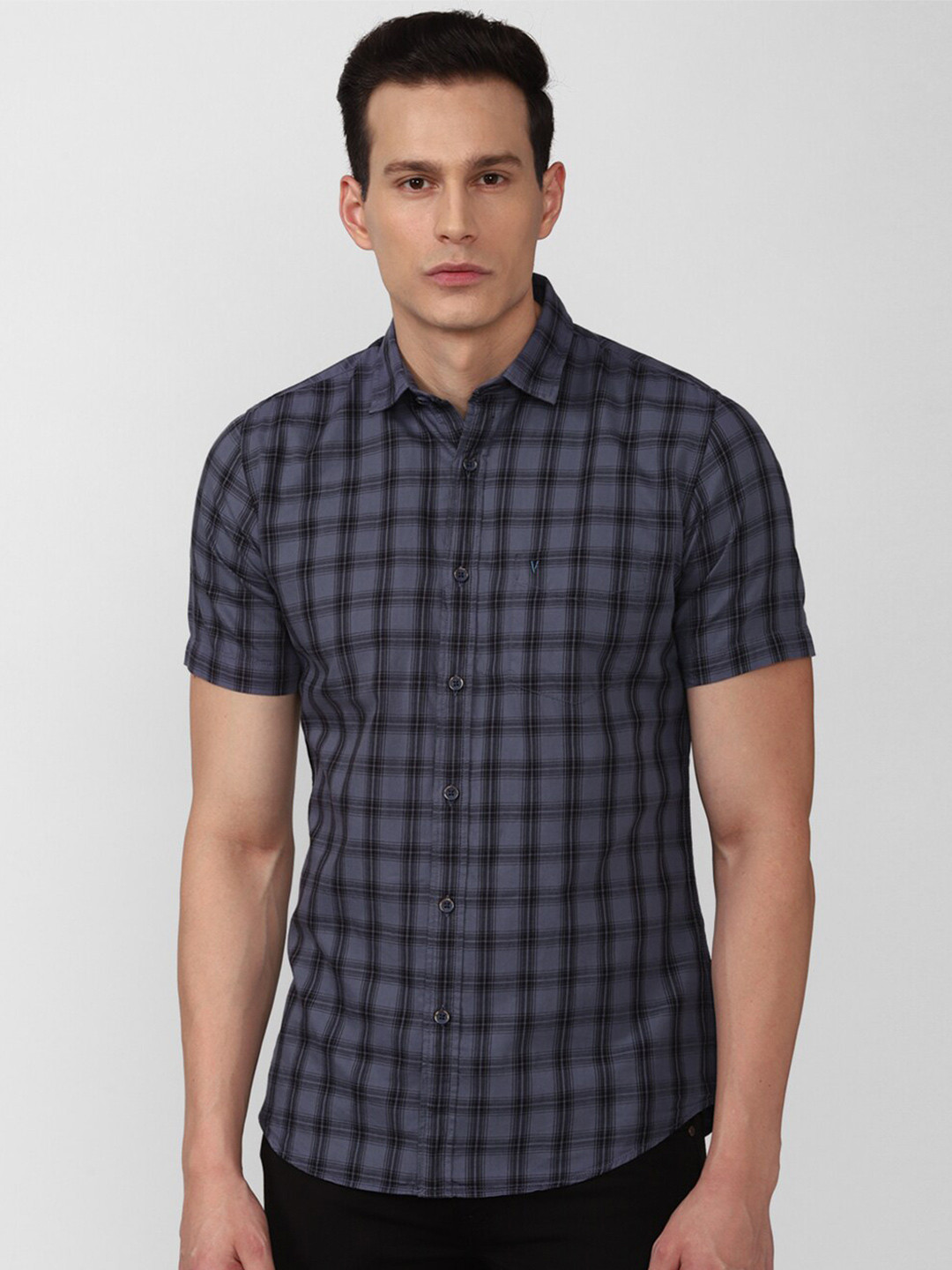 

VAN HEUSEN DENIM LABS Men Grey Slim Fit Buffalo Checks Checked Casual Shirt