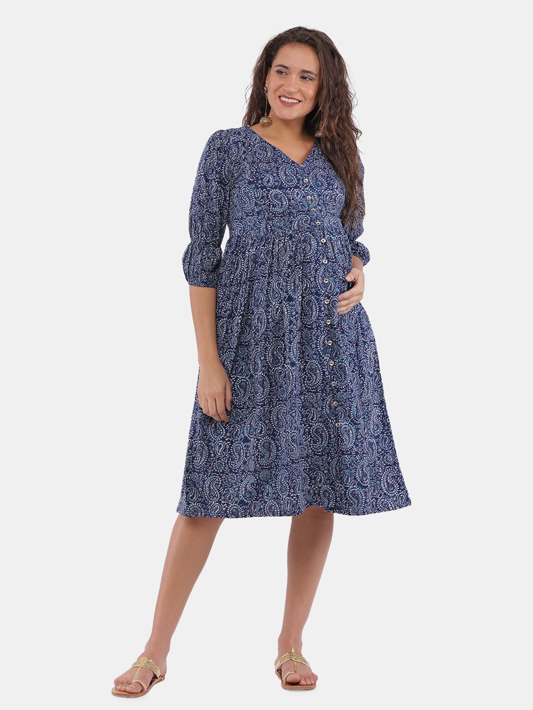 

The Mom Store Maternity Women Blue Ethnic Motifs Maternity Dress