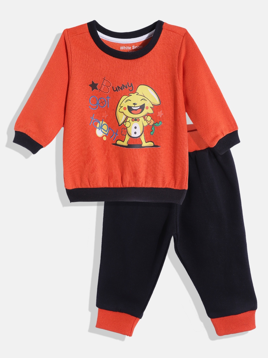 

White Snow Infant Kids Orange & Navy Blue Printed Fleece Sweatshirt with Joggers