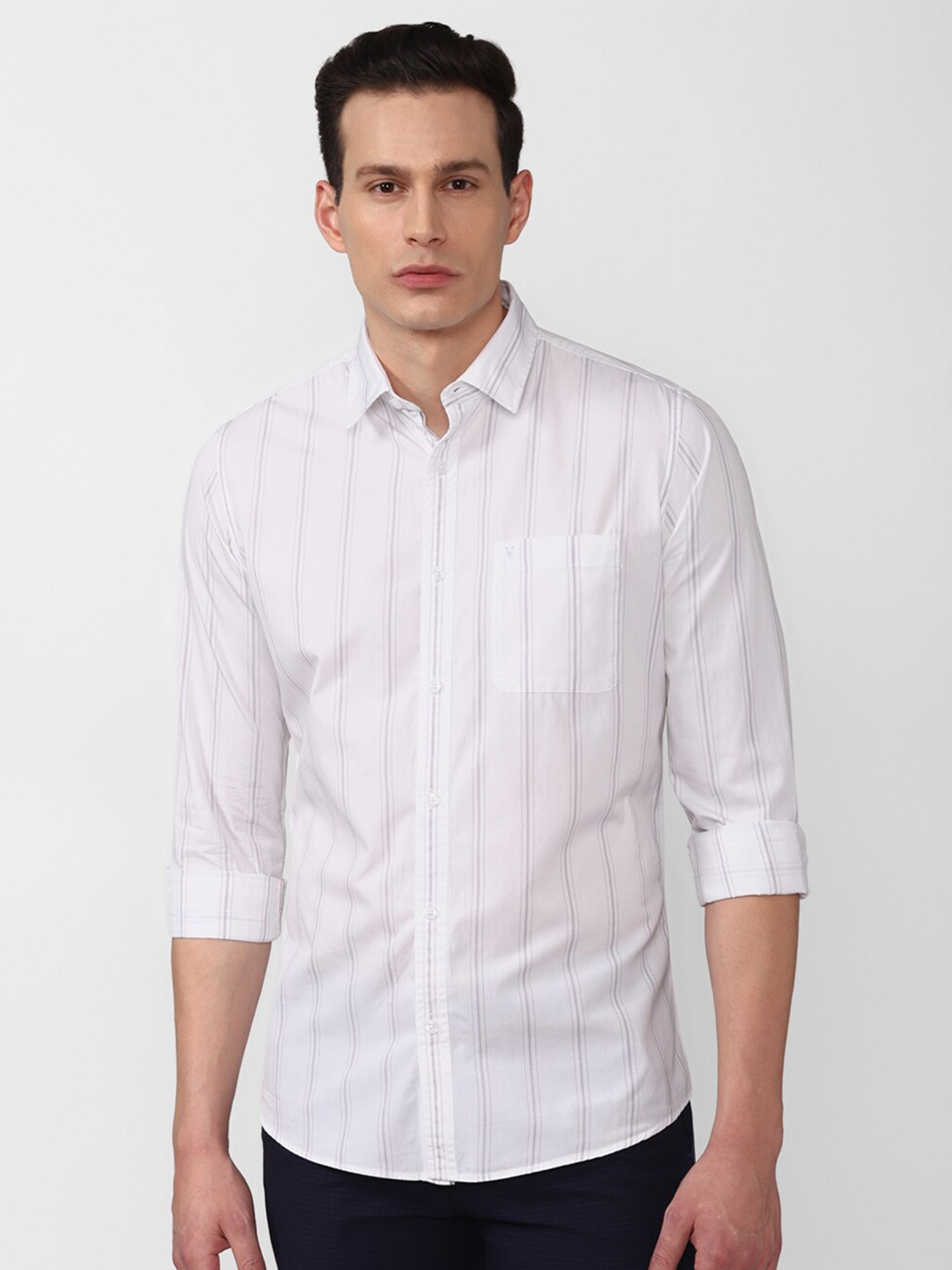 Van Heusen Sport Men White Cotton Striped Slim Fit Casual Shirt