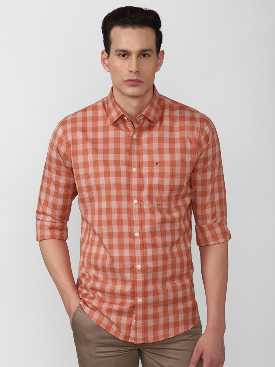 

Van Heusen Sport Men Orange Cotton Checked Slim Fit Casual Shirt