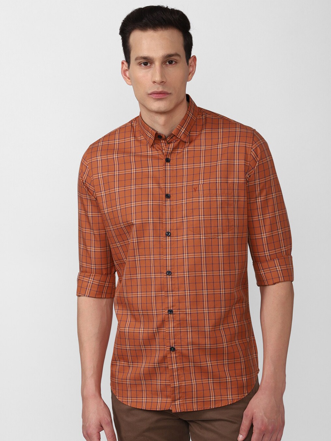 

Van Heusen Sport Men Orange Slim Fit Checked Pure Cotton Casual Shirt