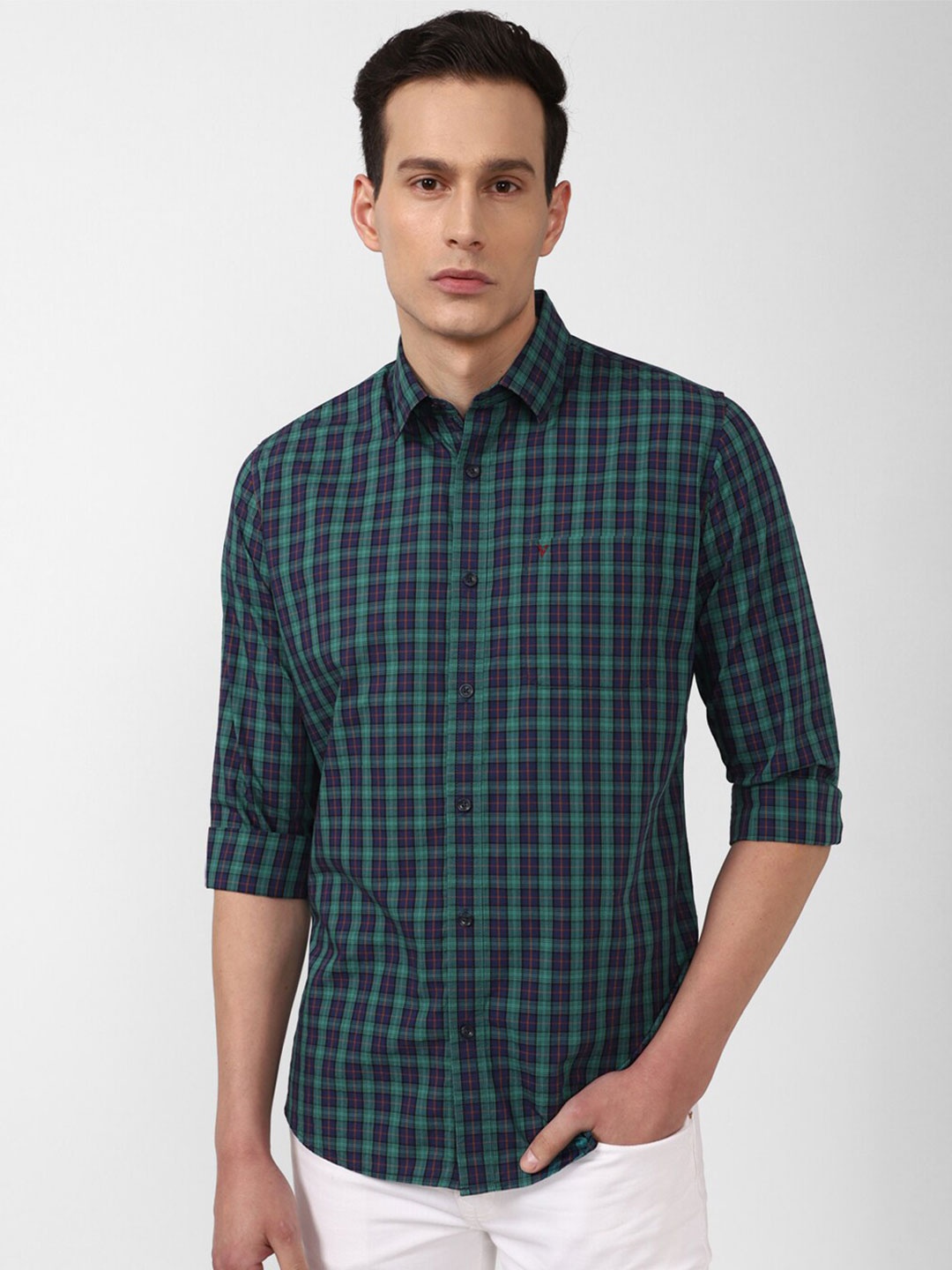 Van Heusen Sport Men Navy Blue Slim Fit Tartan Checks Checked Casual Shirt