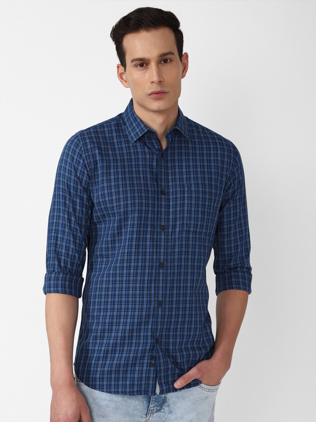 

Van Heusen Sport Men Blue Slim Fit Grid Tattersall Checks Checked Casual Shirt