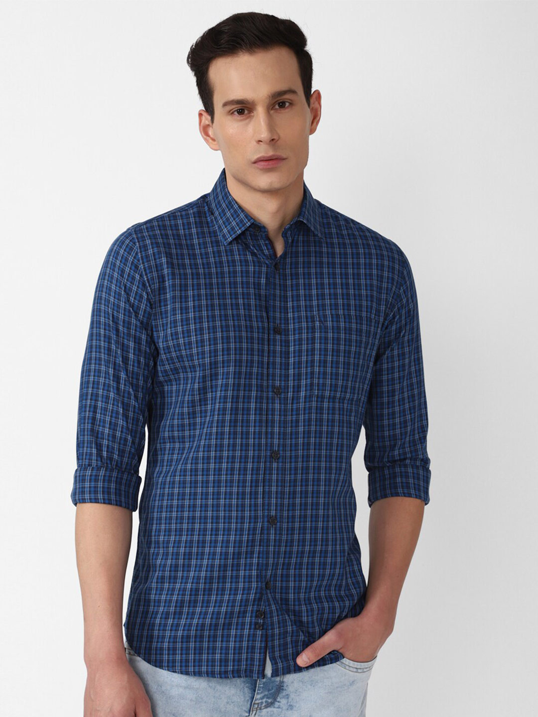 

Van Heusen Sport Men Blue Slim Fit Grid Tattersall Checked Cotton Casual Shirt