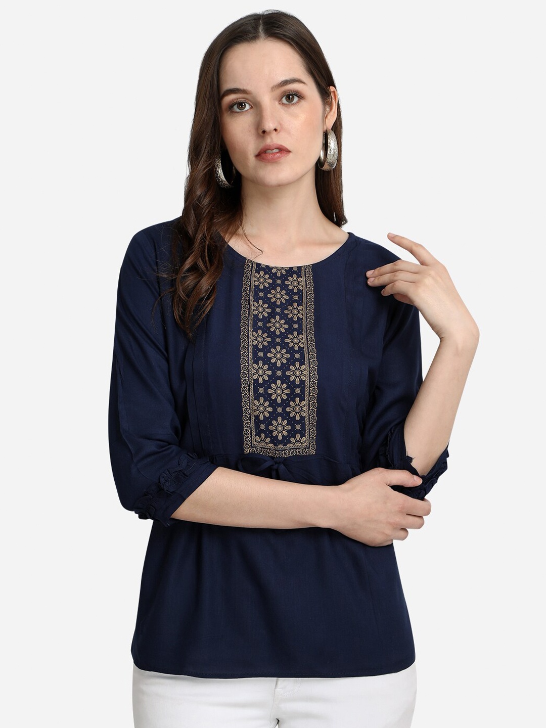 

Prettify Women Navy Blue Printed Liva Top