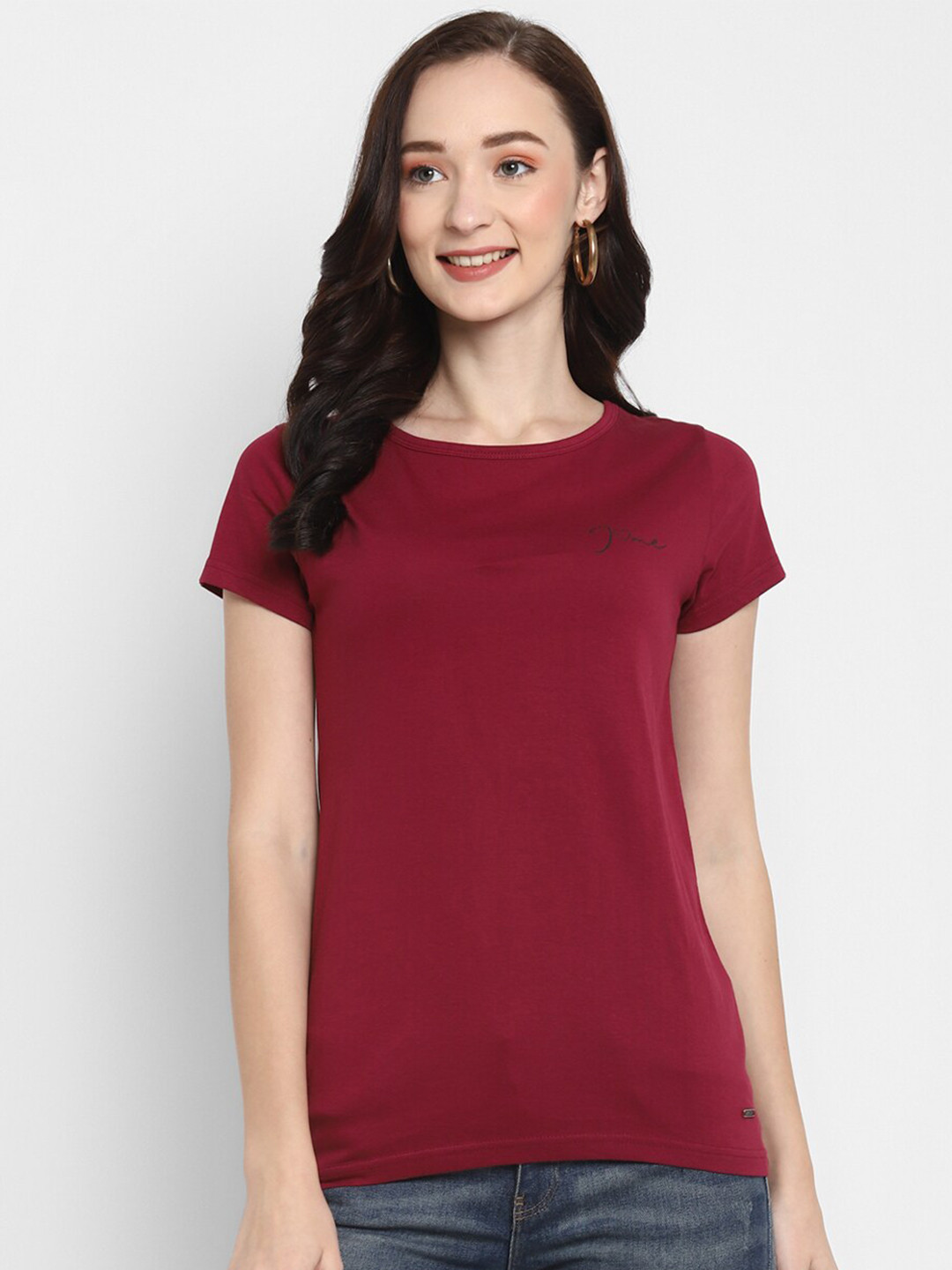 

LAMOURE BY RED CHIEF Women Maroon Solid Regular Fit T-shirt