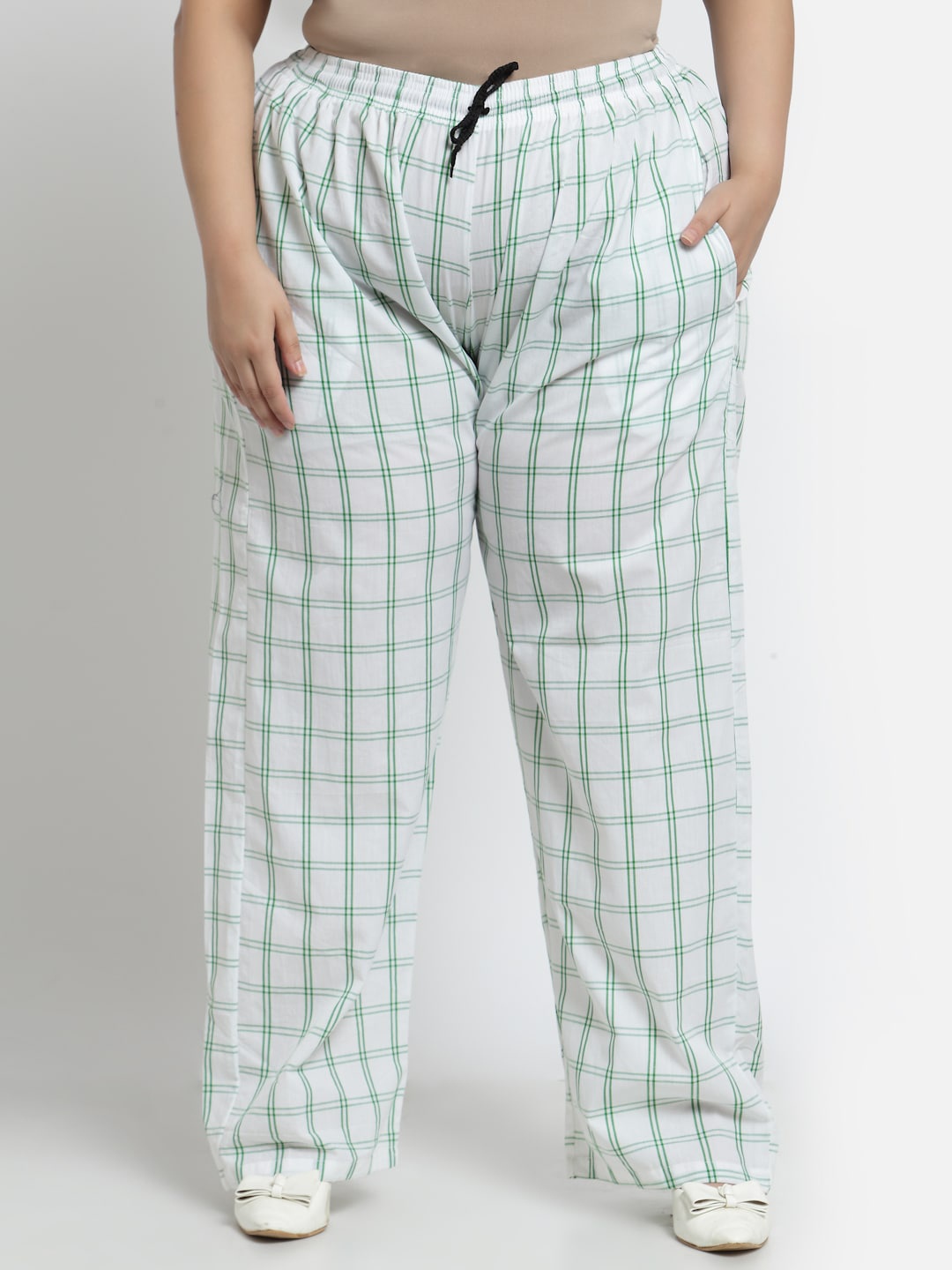 

KLOTTHE Women Plus Size White & Green Checked Palazzos