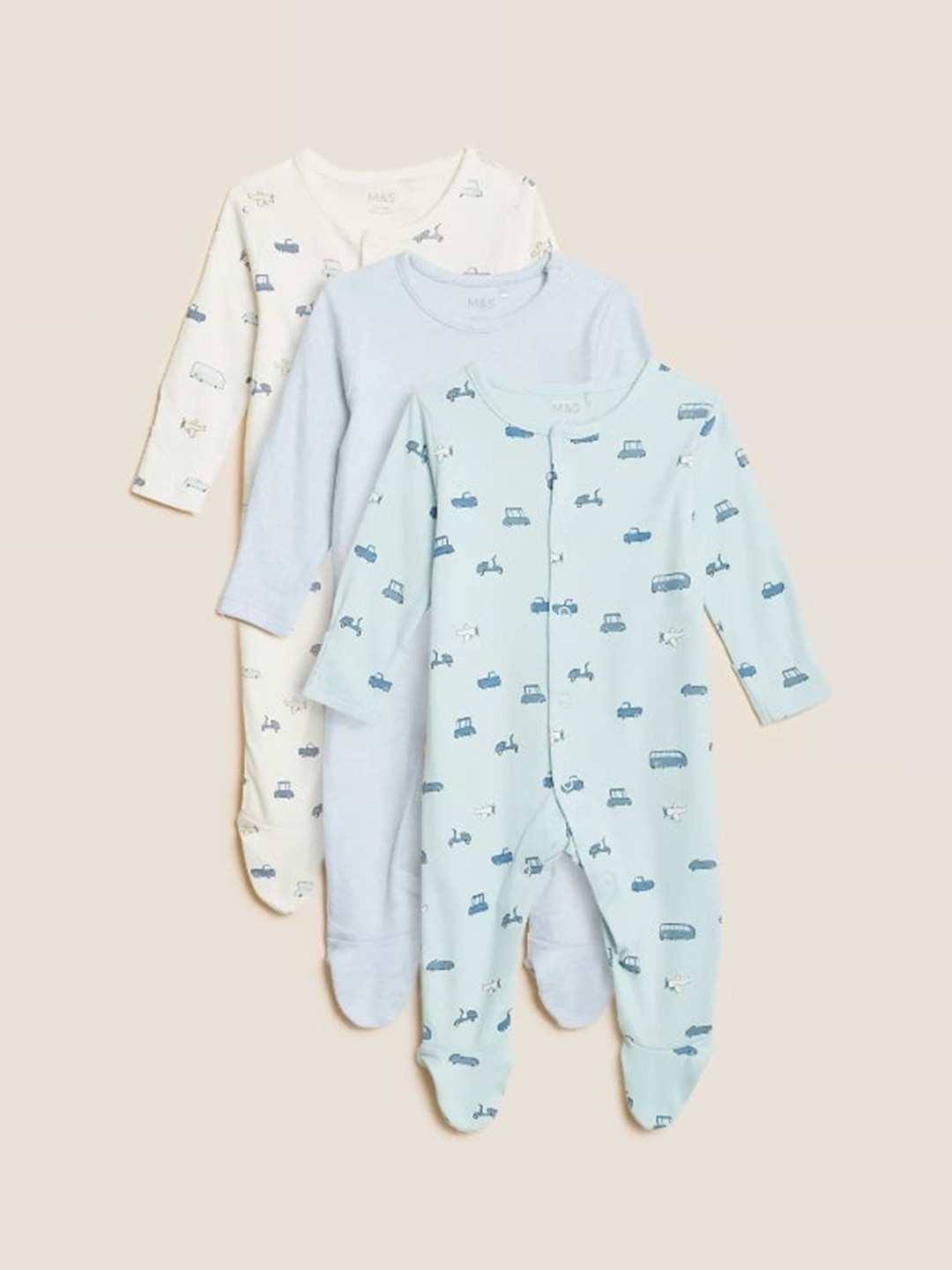 

Marks & Spencer Set Of 3 Infant Kids Blue & White Printed Sleepsuit