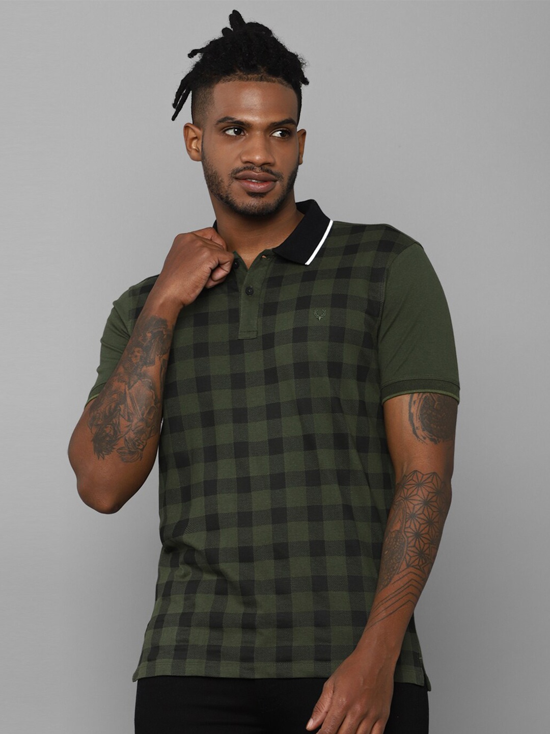 

Allen Solly Sport Men Olive Green Checked Polo Collar T-shirt