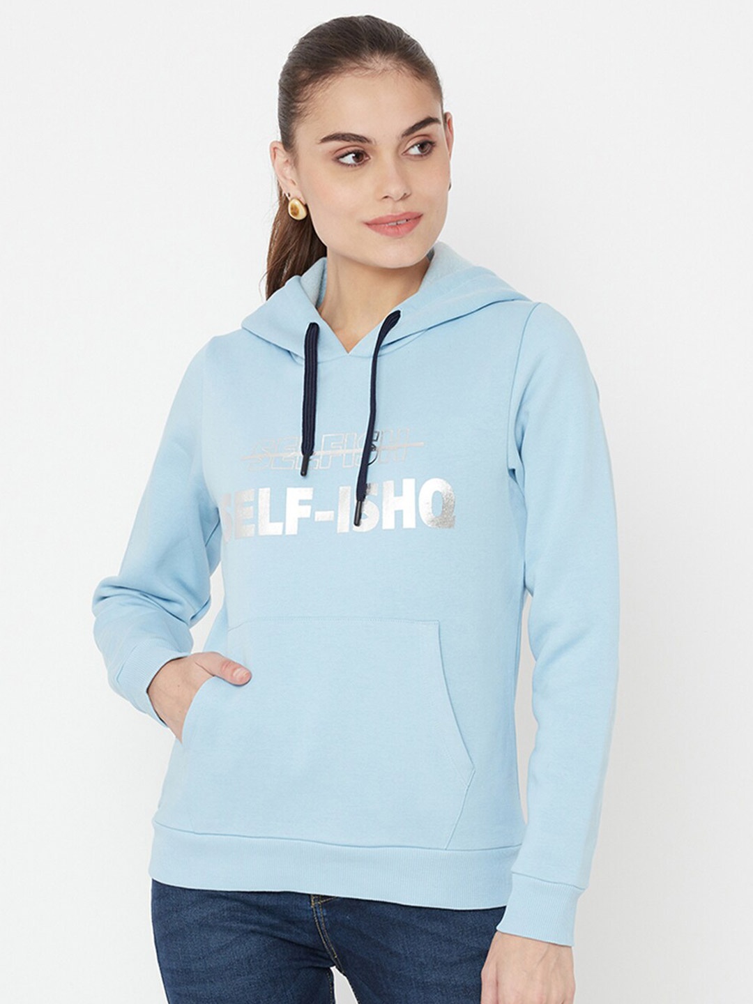 

EDRIO Women Blue Printed Hooded Sweatshirt