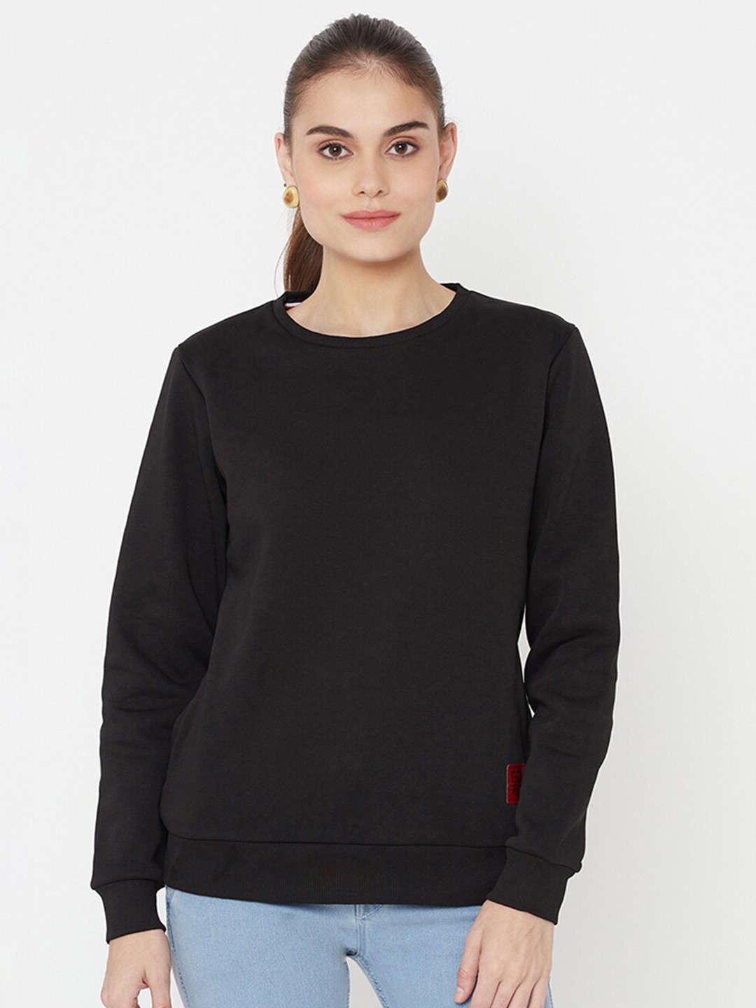 

EDRIO Women Black Fleece Patch Logo Sweatshirt With Pocket
