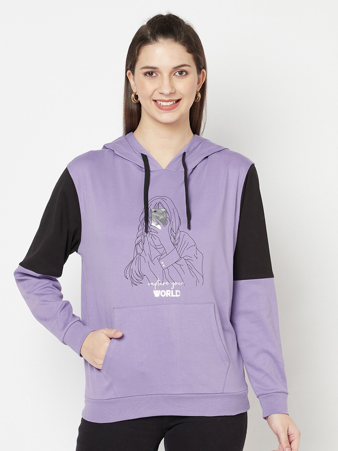 

EDRIO Women Purple Printed Hooded Sweatshirt