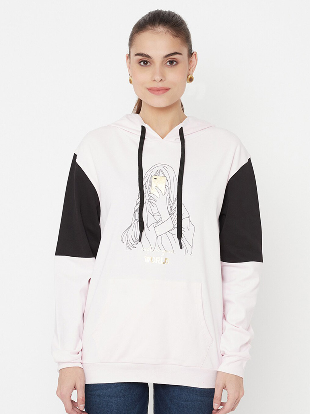 

EDRIO Women Pink Printed Hooded Sweatshirt