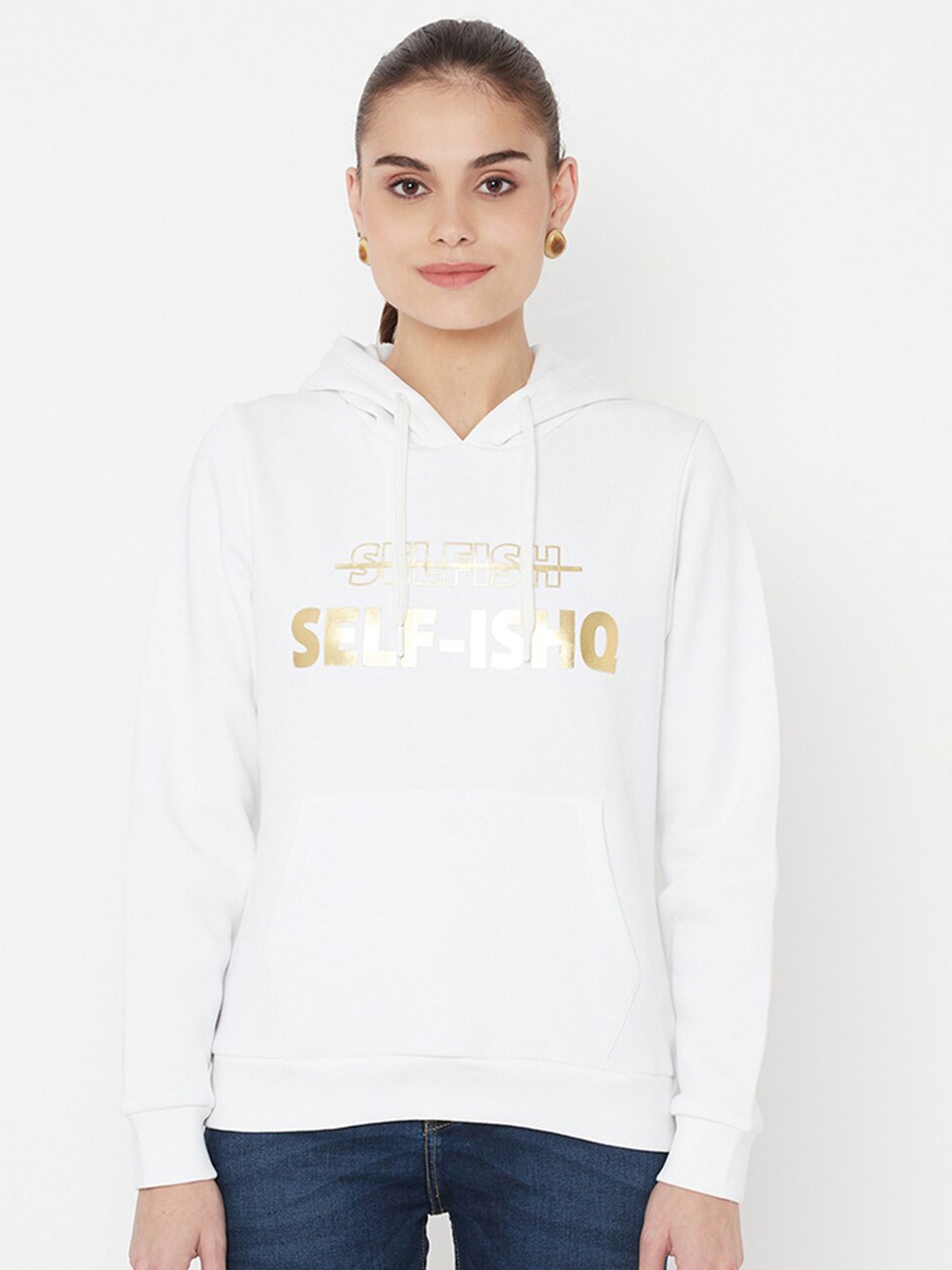 

EDRIO Women White Printed Hooded Sweatshirt
