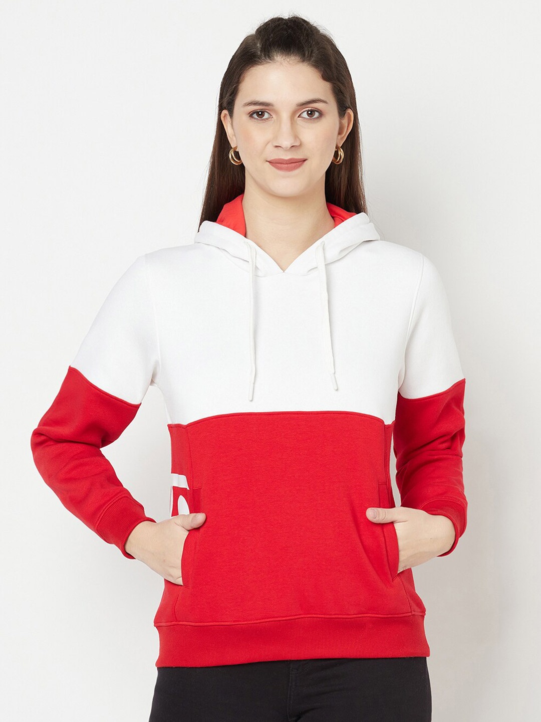 EDRIO Women White Colourblocked Hooded Sweatshirt