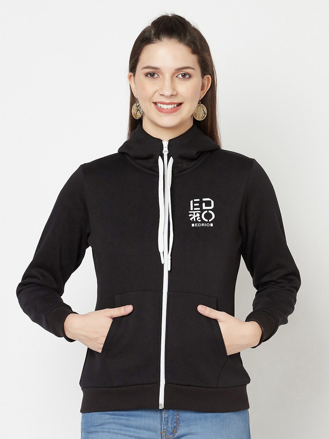 

EDRIO Women Black Hooded Sweatshirt