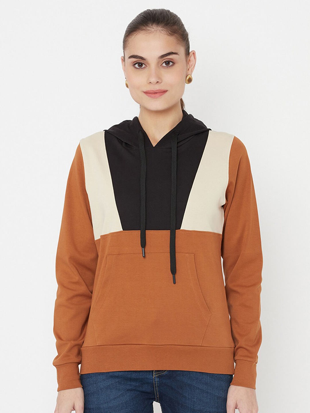 

EDRIO Women Tan Colourblocked Hooded Sweatshirt
