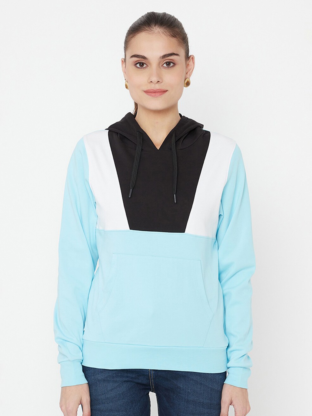EDRIO Women Blue Colourblocked All-Season Hooded Sweatshirt