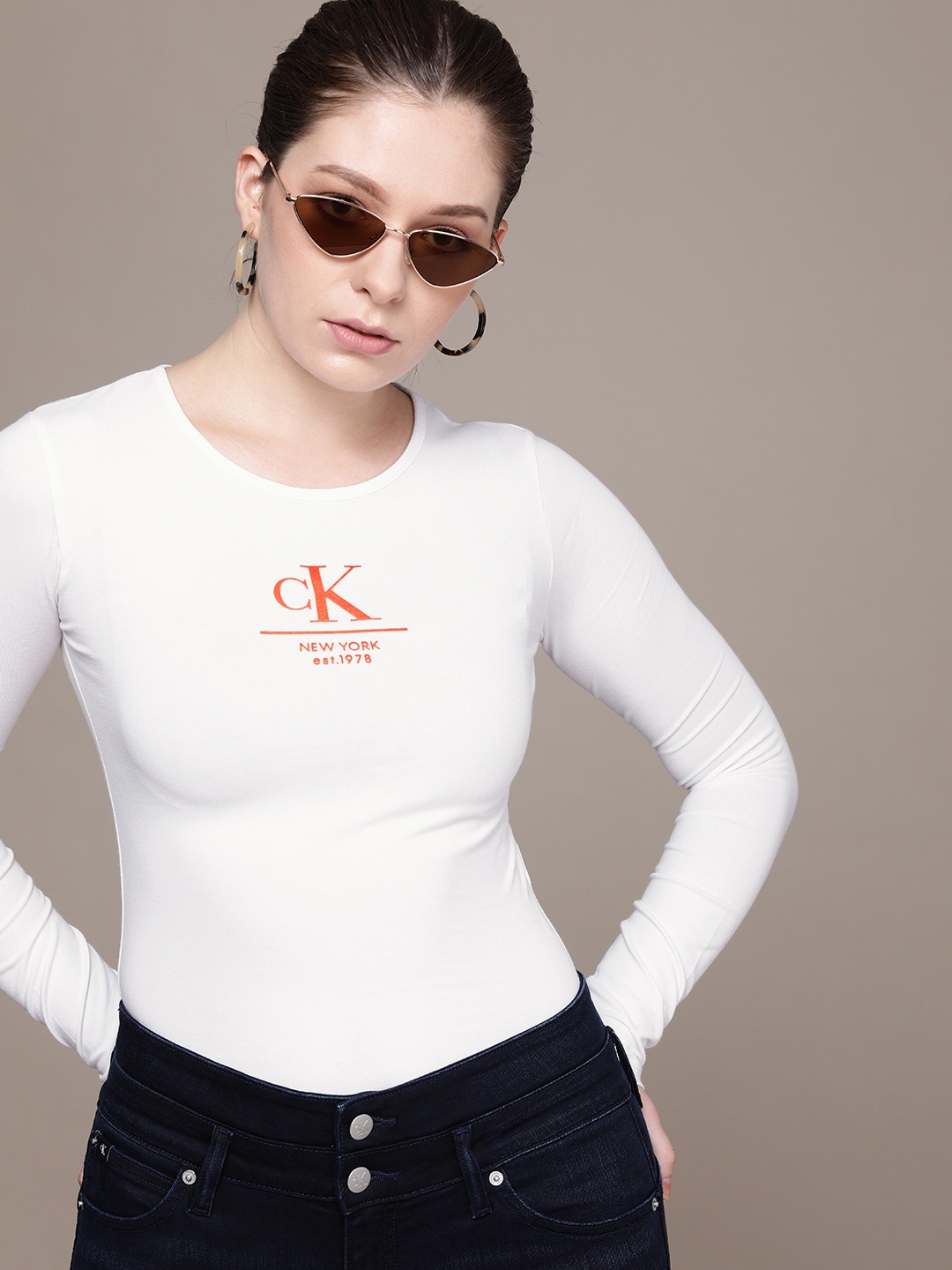 

Calvin Klein Jeans Women White Brand Logo Printed Bodysuit