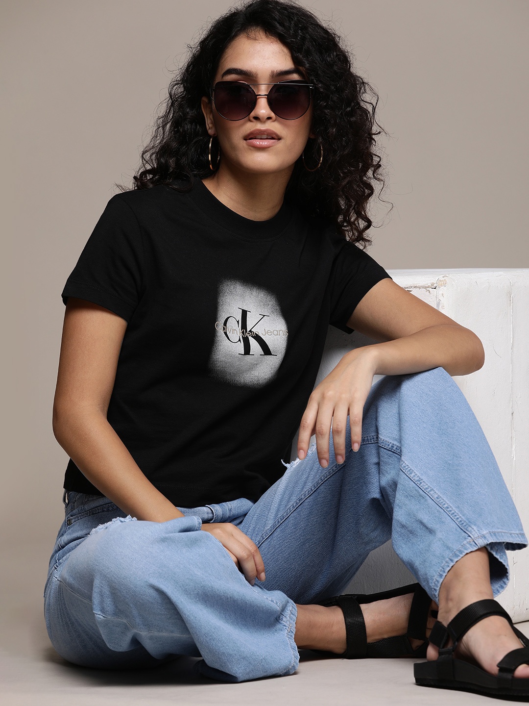 

Calvin Klein Jeans Women Black Brand Logo Printed Pure Cotton T-shirt