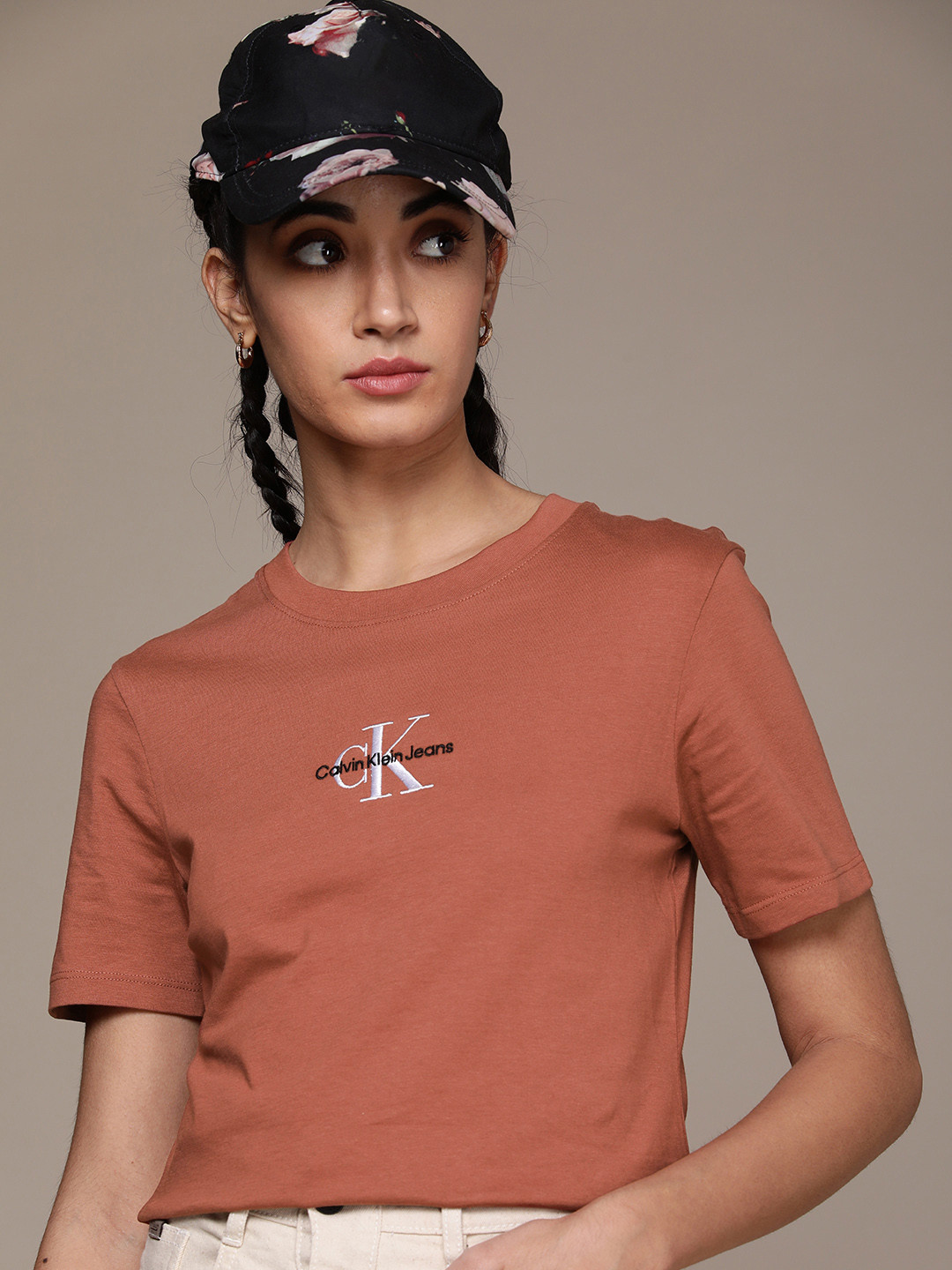 

Calvin Klein Jeans Women Rust Red Brand Logo Printed Pure Cotton Slim Fit T-shirt