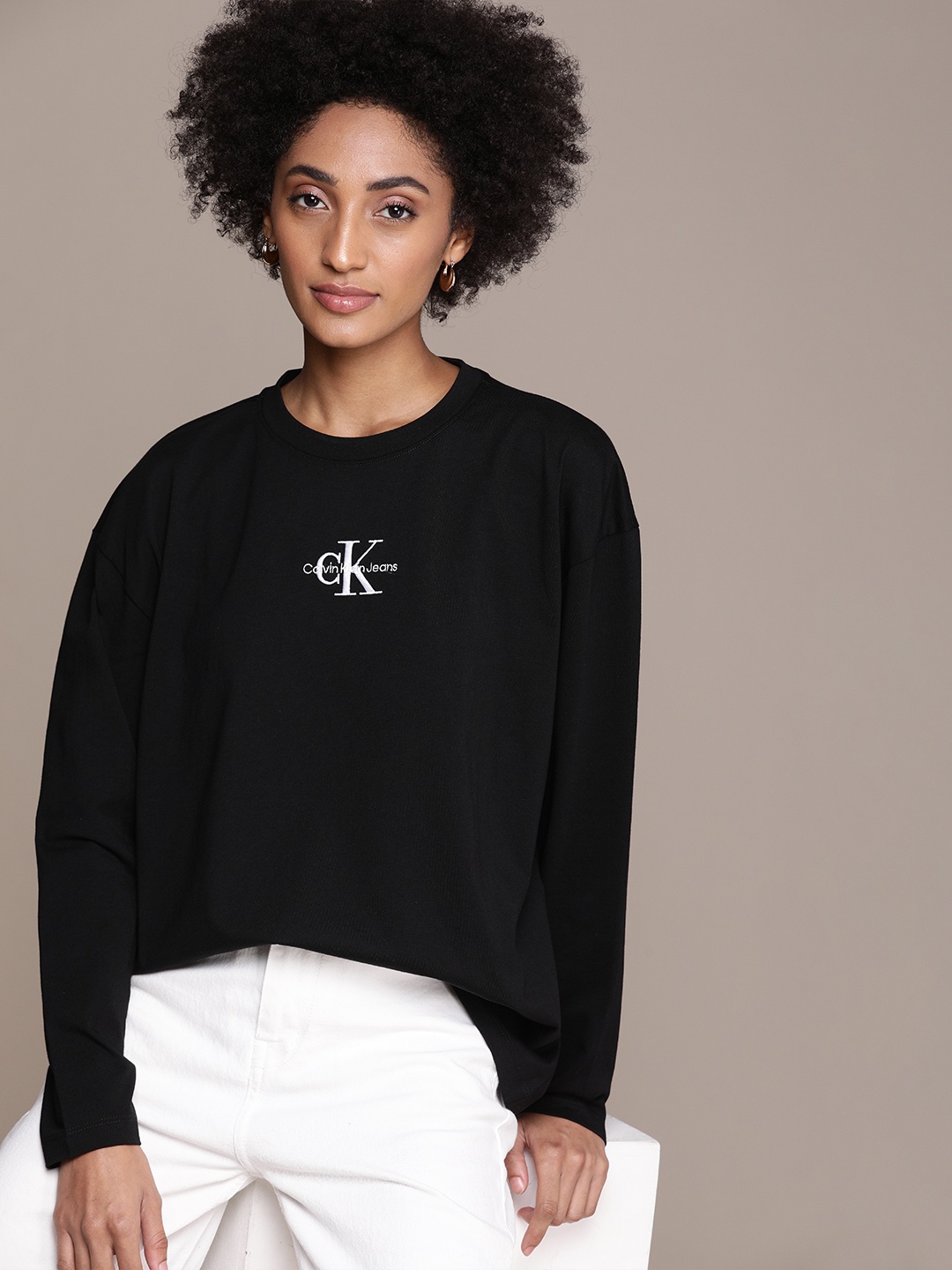 

Calvin Klein Jeans Women Black Embroidered Pure Cotton T-shirt