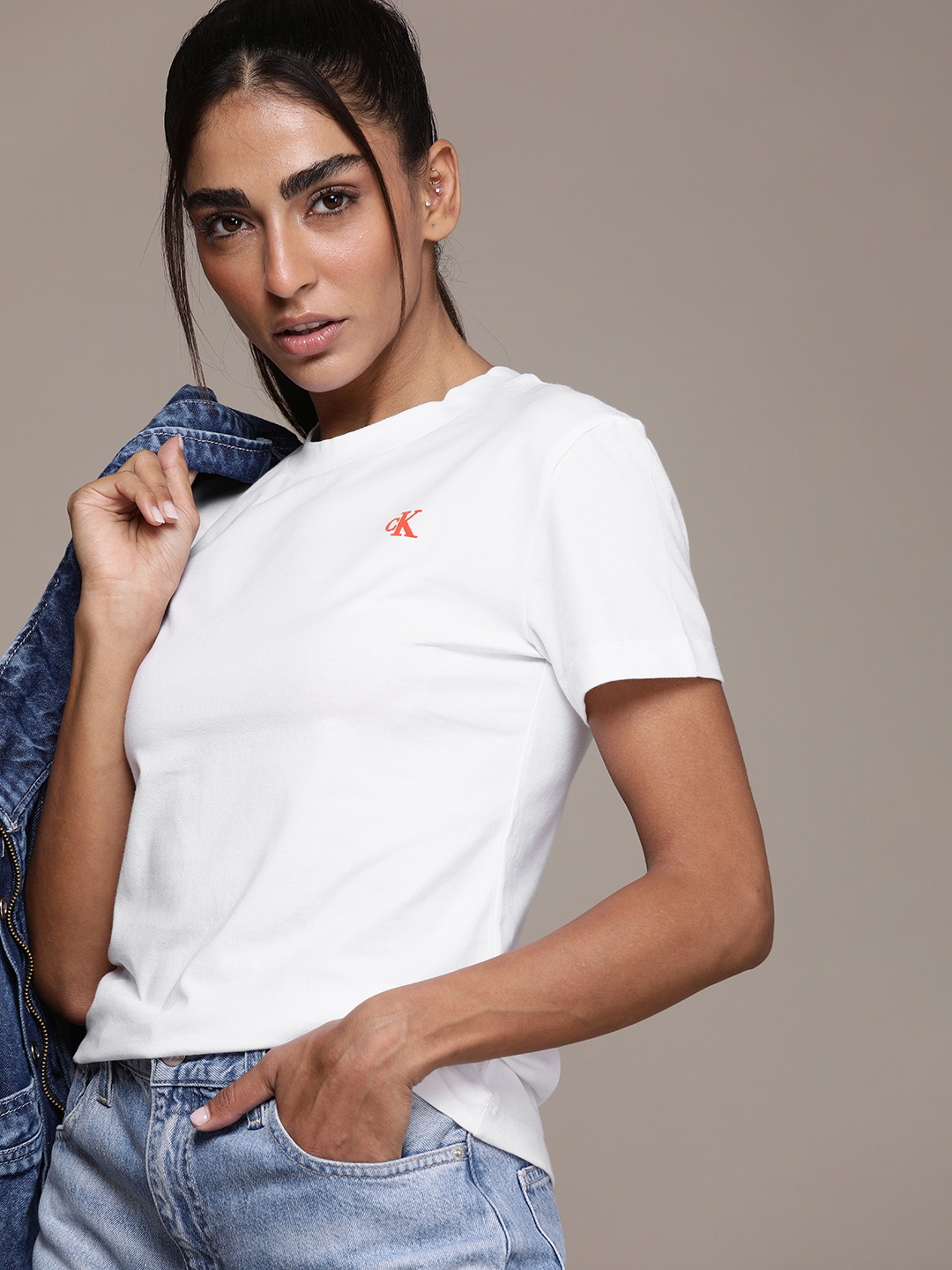 

Calvin Klein Jeans Women White Typography Printed Slim Fit T-shirt